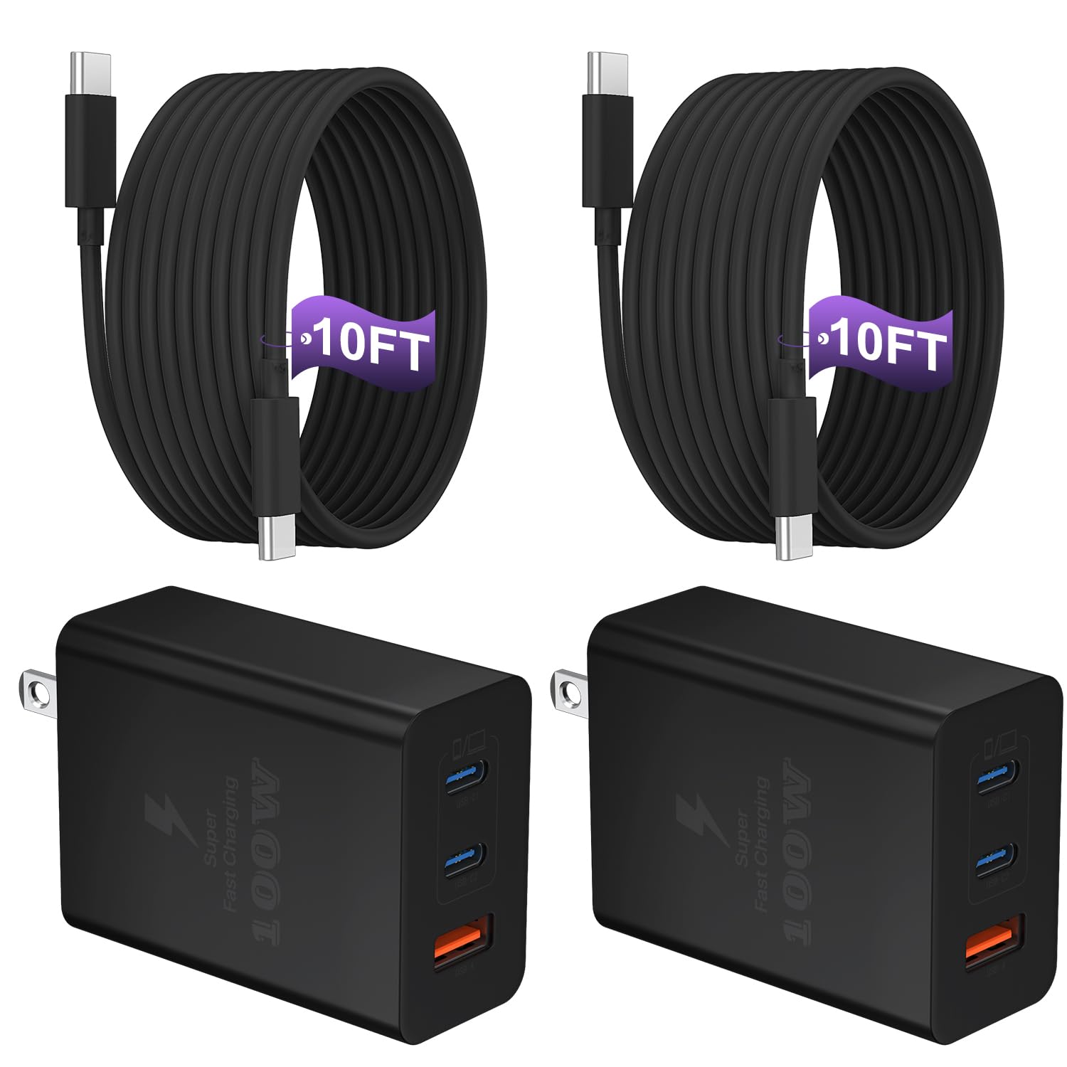 USB C Charger Block 100W, 3-Port GaN Super Fast Charger, Type C Wall Charger Adapter with 10ft USB C Charging Cable for MacBook Pro/Air,iPad Pro,