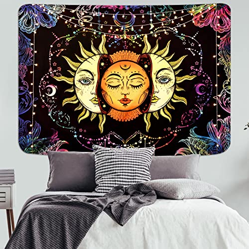 Uspring Sun And Moon Tapestry Burning Sun Tapestry Black Colorful Wall Tapestries Moon And Stars Tapestry Psychedelic Mandala Tapestry Wall Hanging For Room (Yellow Fractal Faces, 51.2 × 59.1 Inches) #TOP1