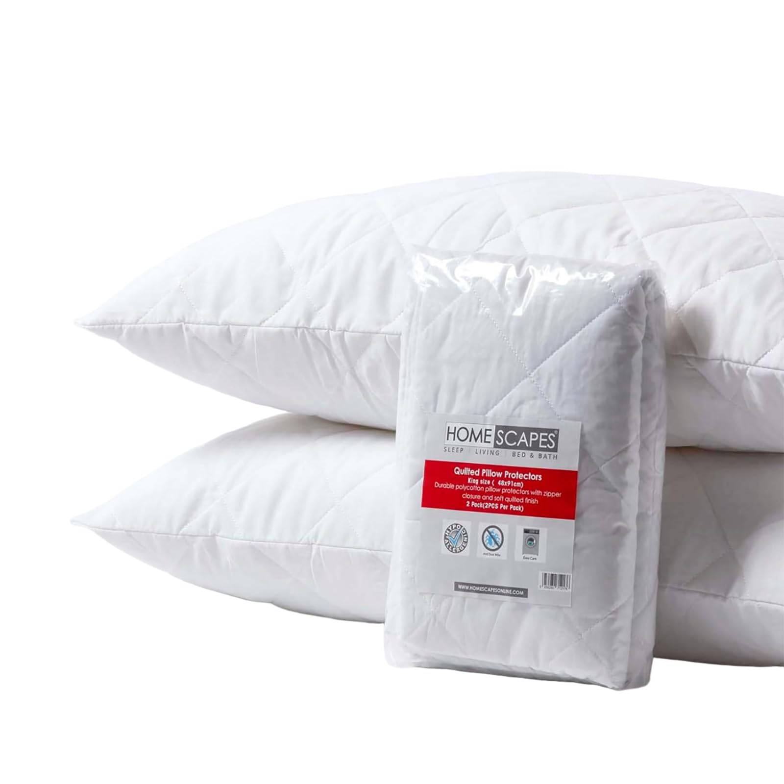 HOMESCAPES King Size Pillow Protectors 2 Pack Quilted Top Pillow Covers Super Soft Hypoallergenic and Anti-Dust Mite Protectors with Diamond Quilting Extra-Large 3 Foot 50 x 90 cm