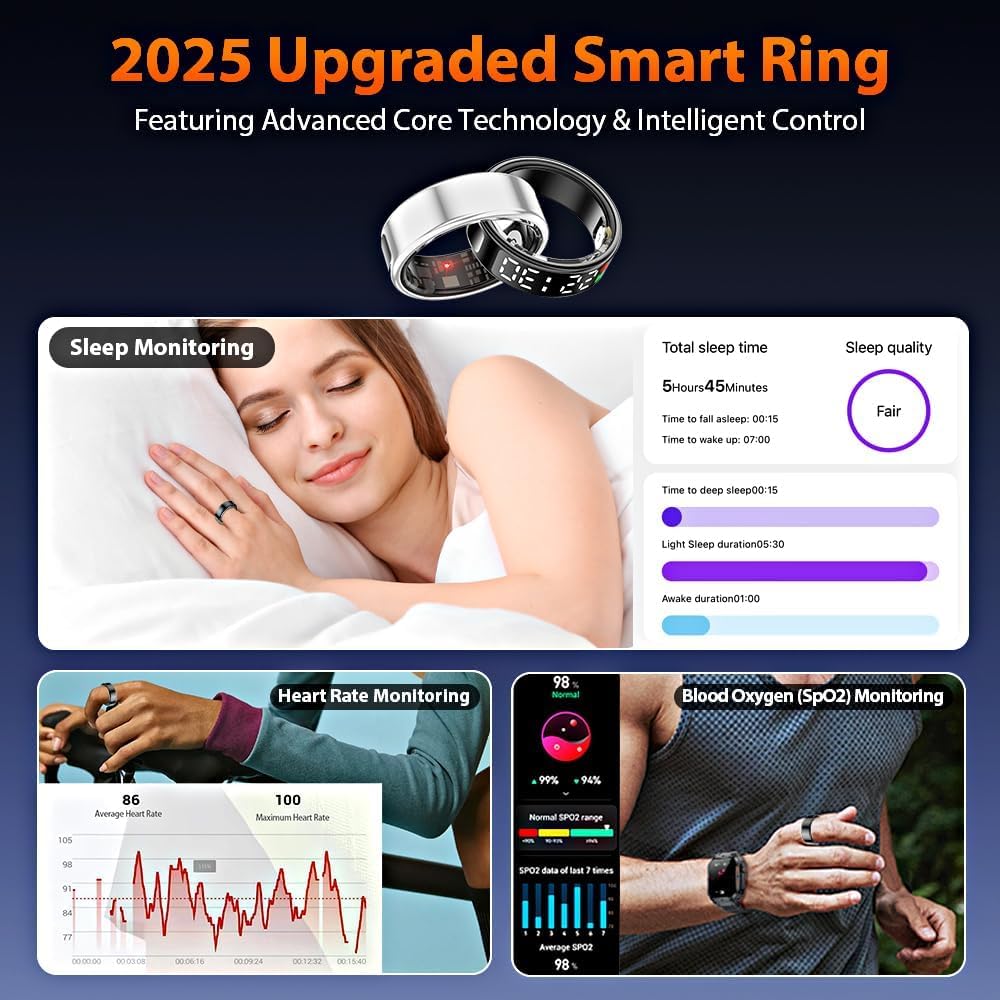Inteligentny pierścień fitness z ekranem dotykowym LED, wodoodporny monitor zdrowia IP68, dla kobiet i mężczyzn, Bluetooth, pulsometr, pomiar snu, licznik kroków i monitor aktywności do