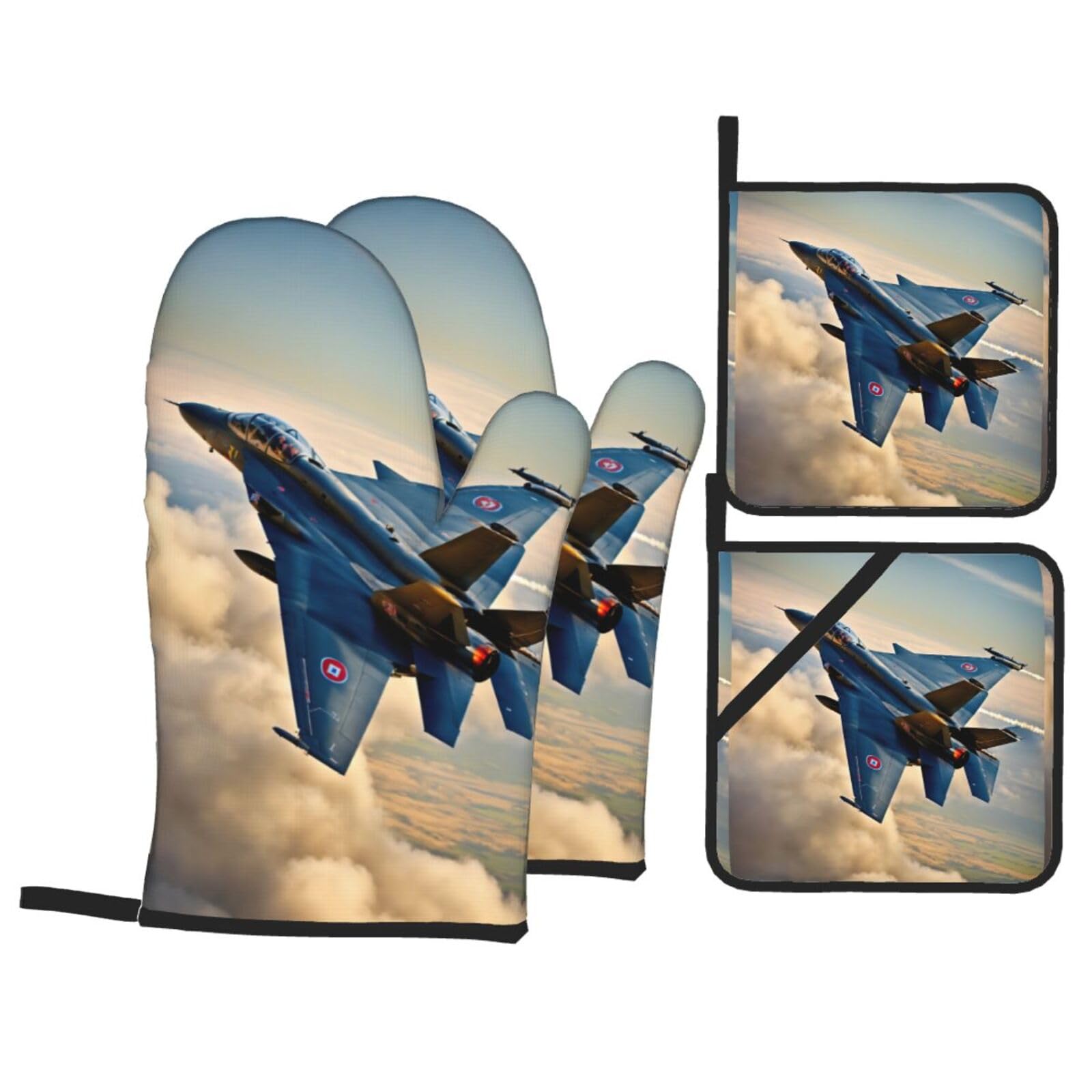 Aircraft Fighter Jets Print Kitchen Oven Mitts And Pot Holders Set,Hanging Loop Design For Cooking Baking Bbq