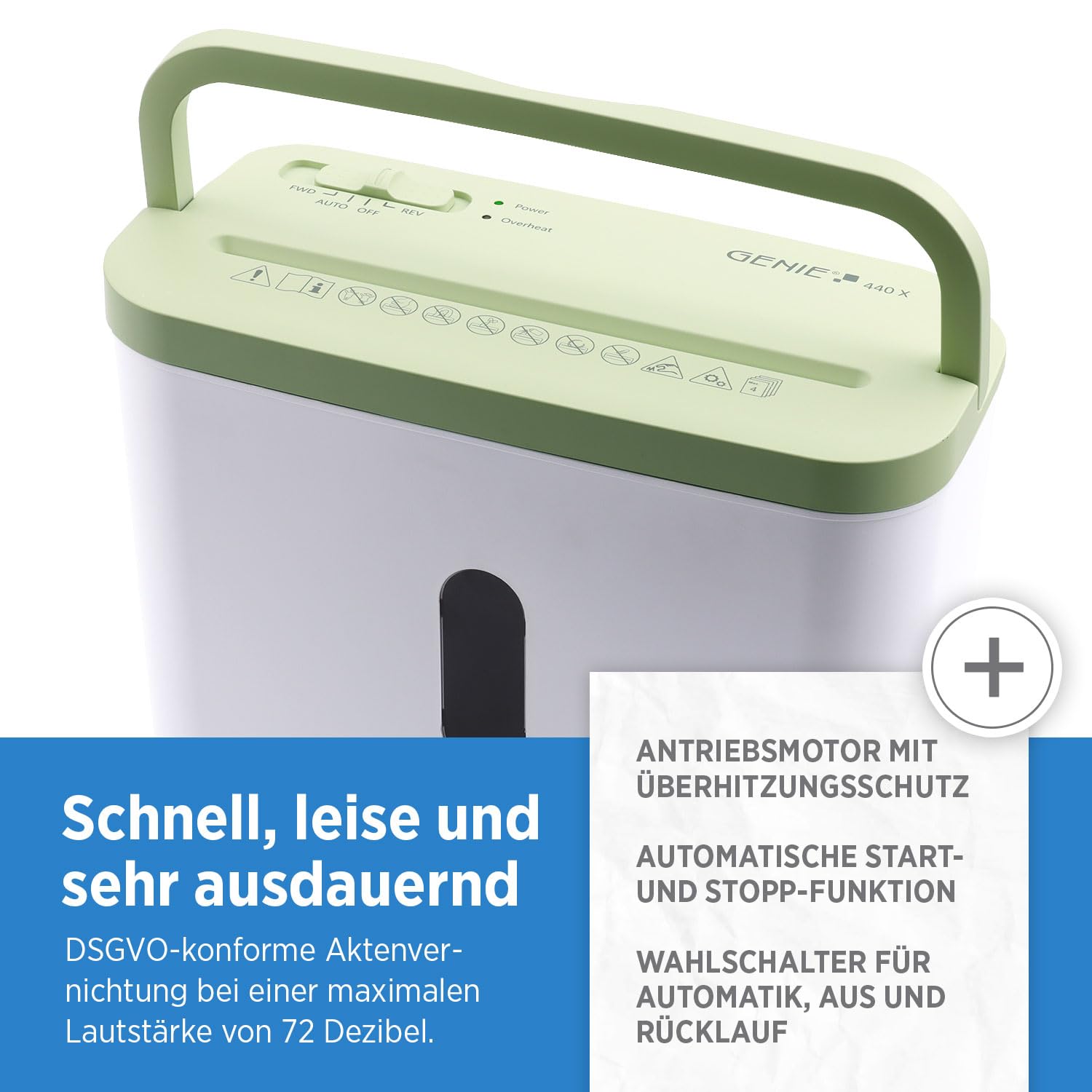 GENIE destructeur de documents 440 x 38 mm Coupe à particules 4 x 38 mm Niveau de sécurité P-4 Silencieux 72 dB Broyeur compact mobile