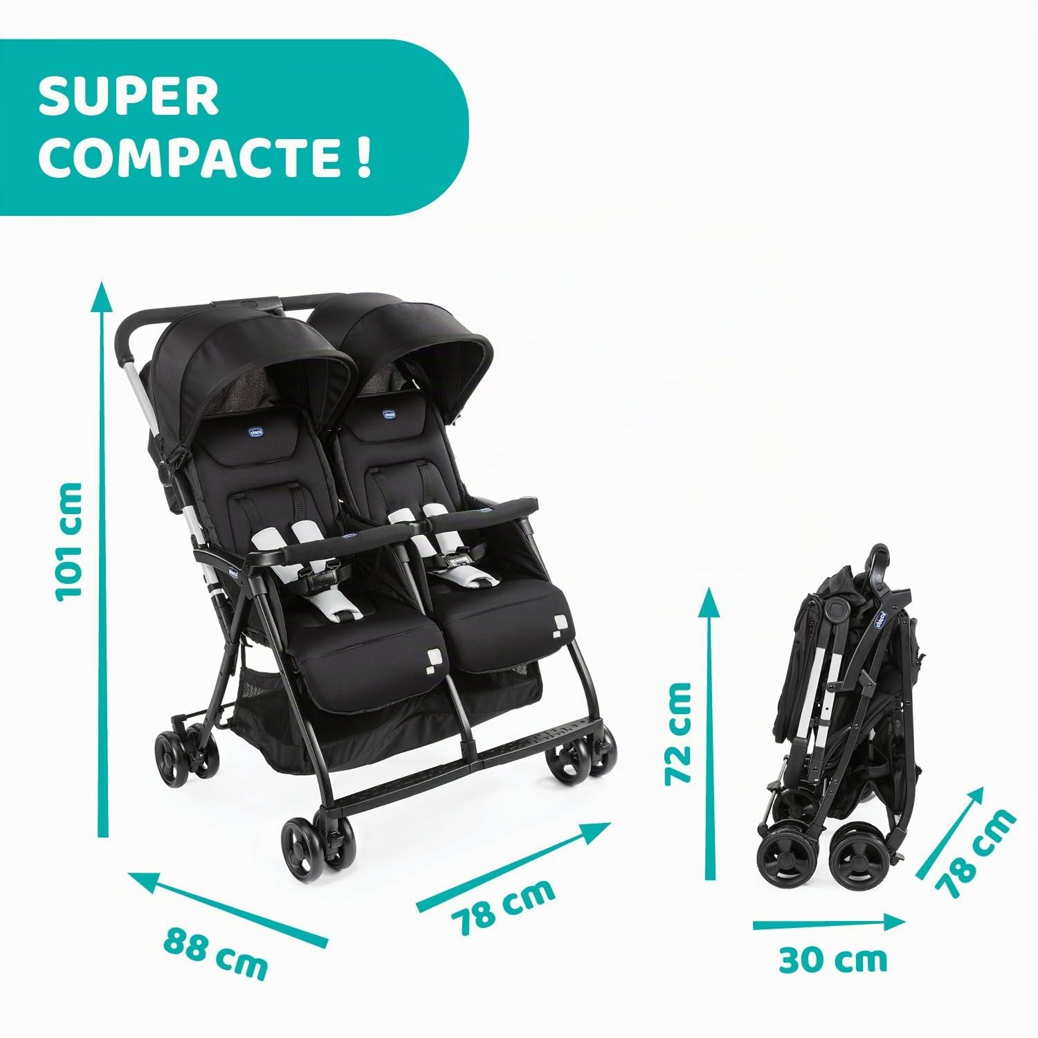Chicco OHlalà Poussette Double Tandem Légère Pliable Jumeaux 15 kg Noir