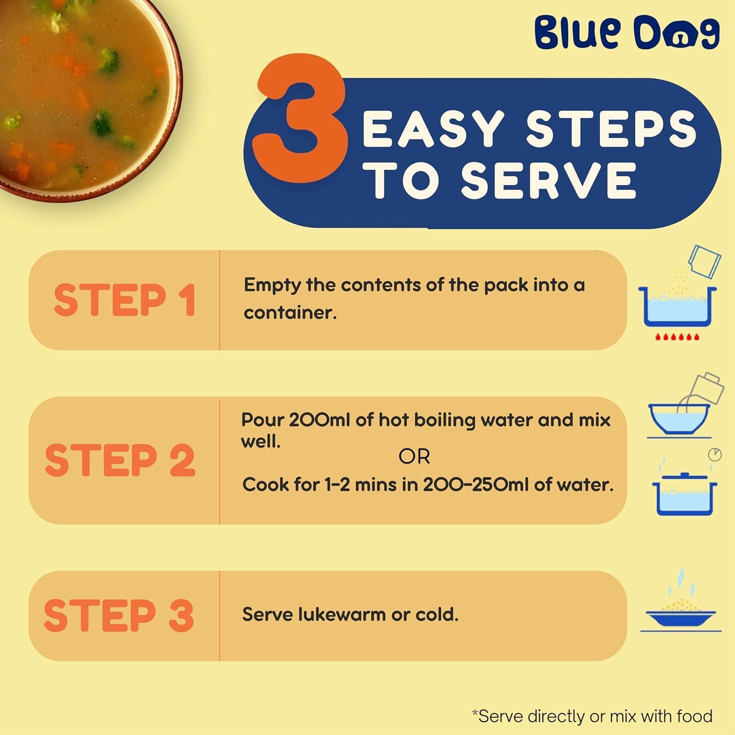 BLUE DOG Chicken and Vegetable Soup |Dog Food | Instant Mix for Dogs | Easy to Digest |Human-Grade Ingredients| No preservatives,No Added Colours, No Artificial Flavours | DogsTreats Pack of 4 18g 3