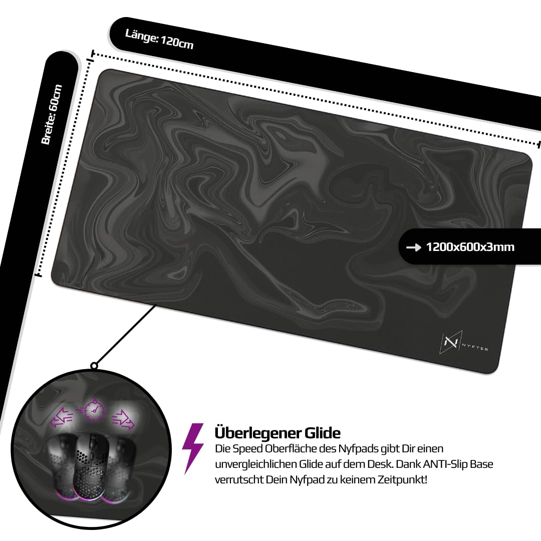 NYFTER Tapis de souris de jeu 3XL Nyfpad XXXL de qualité supérieure - 1200 x 600 mm - Design liquide - Sans ondulations - Bords cousus extra - Grande glisse