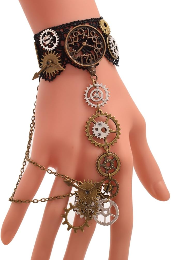 BLESSUME Steampunk Lace Bracelet with Finger Ring (Black 1(1pc)): Clothing, Shoes & Jewelry