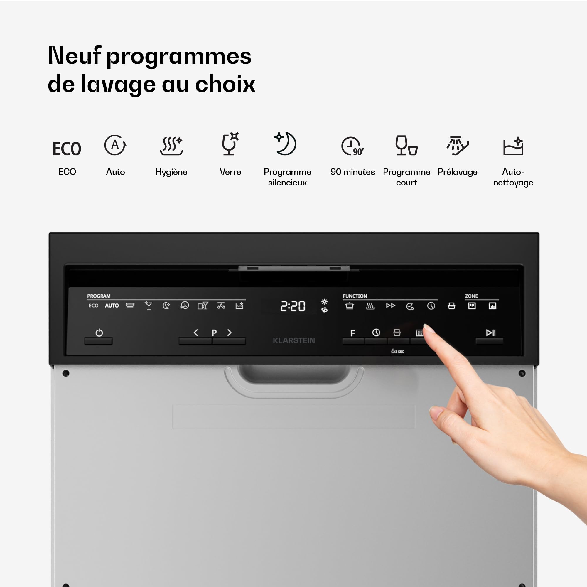 Klarstein Velaire Lave Vaisselle 45cm Semi-Intégré - 10 Couverts, 9 Programmes, 42 dB, Classe B, AquaStop, Sécurité Enfants, Façade Personnalisable, Lave-Vaisselle Encastrable