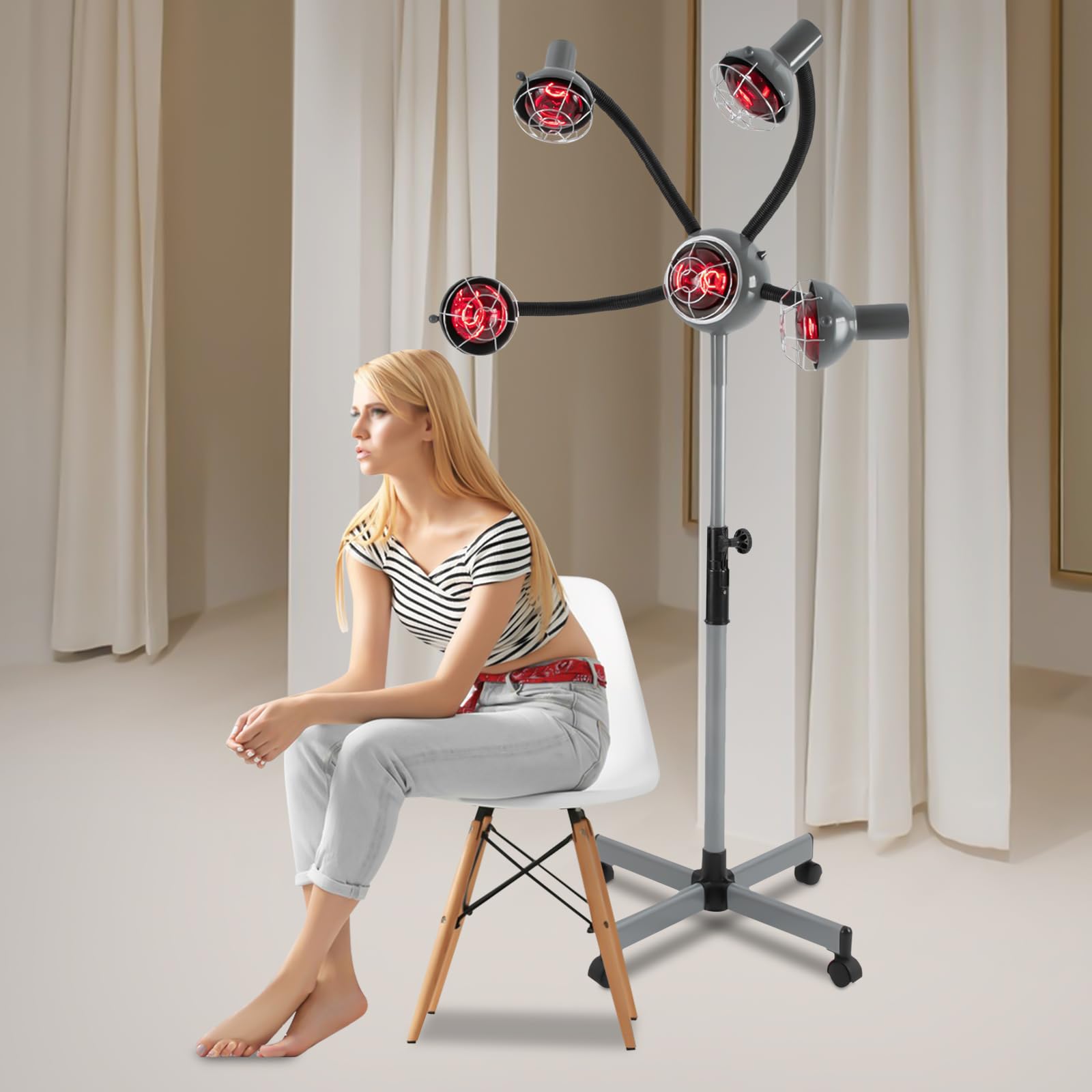750W Salon Friseur Trockenhaube – 5 Infrarot-Heizlampen für Friseursalon, Temperaturregelung 40-80°C, höhenverstellbarer Ständer 112-136cm, schwimmende Trockenhaube mit Überwurf-Mantel – Mobile Häng