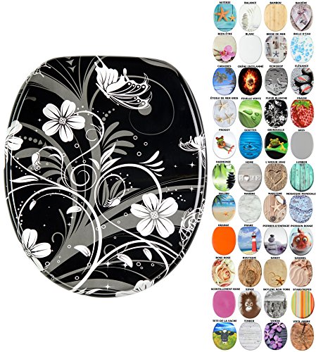 Sanilo Abattant WC, Grande sélection de lunettes de toilette, Finition de haute qualité, Charnières robustes, Fixation facile (Fleur blanche)