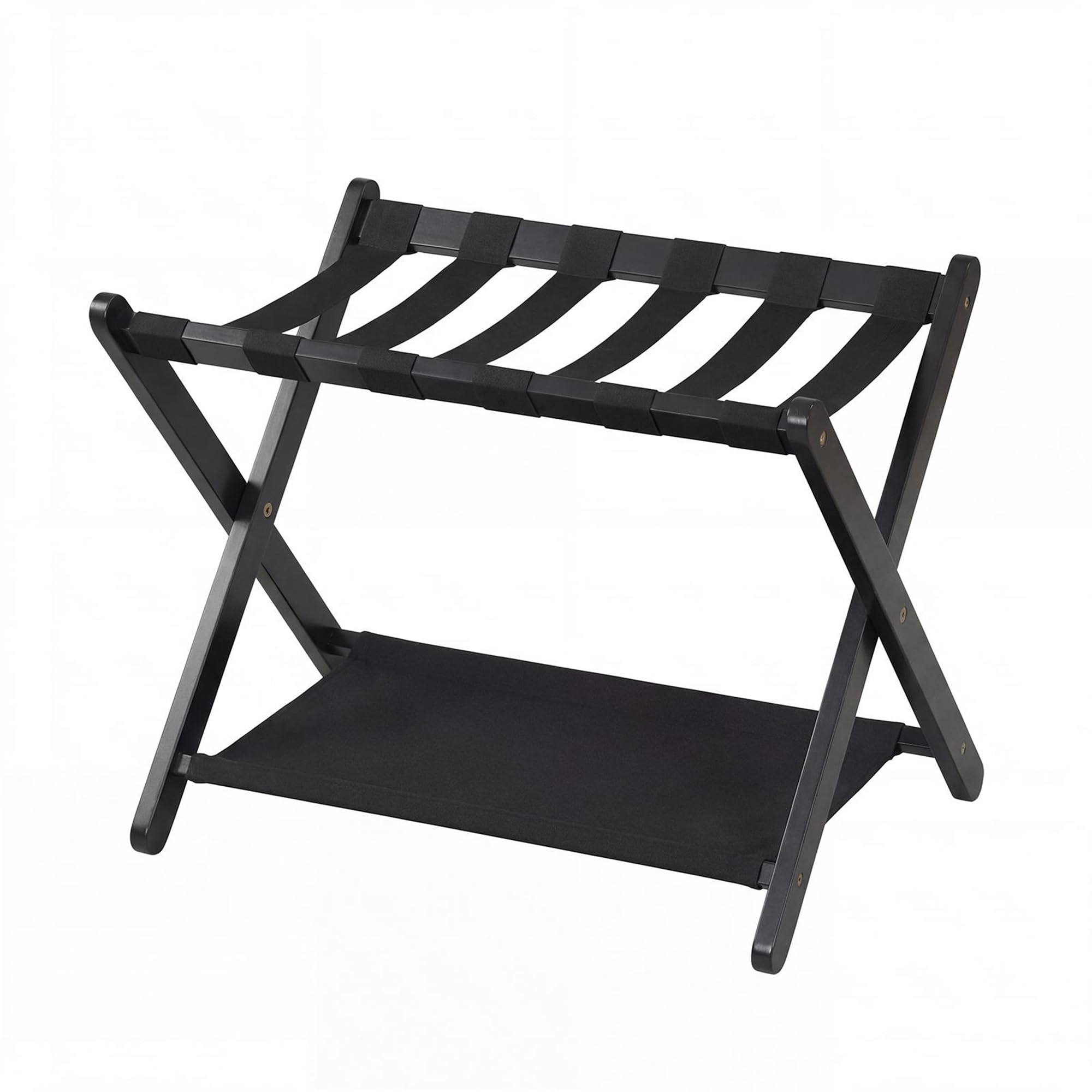 GYMAX Portavaligia Pieghevole, Portabagagli a 2 Ripiani da Camera con Struttura in Legno e 5 Cinghie di Nylon, Resistente all'Usura, Portapacchi per Hotel, Portata 60 kg, 67 x 46 x 52 cm (Nero)