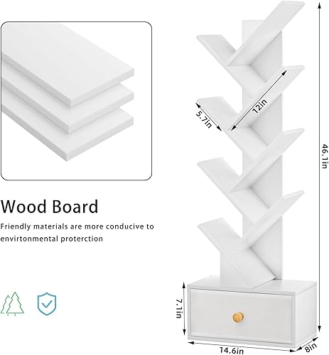 Miniatura 3 de Estantería de árbol de 8 niveles con cajón, estantería de madera de pie para sala de estar, dormitorio, oficina en casa, organizador de