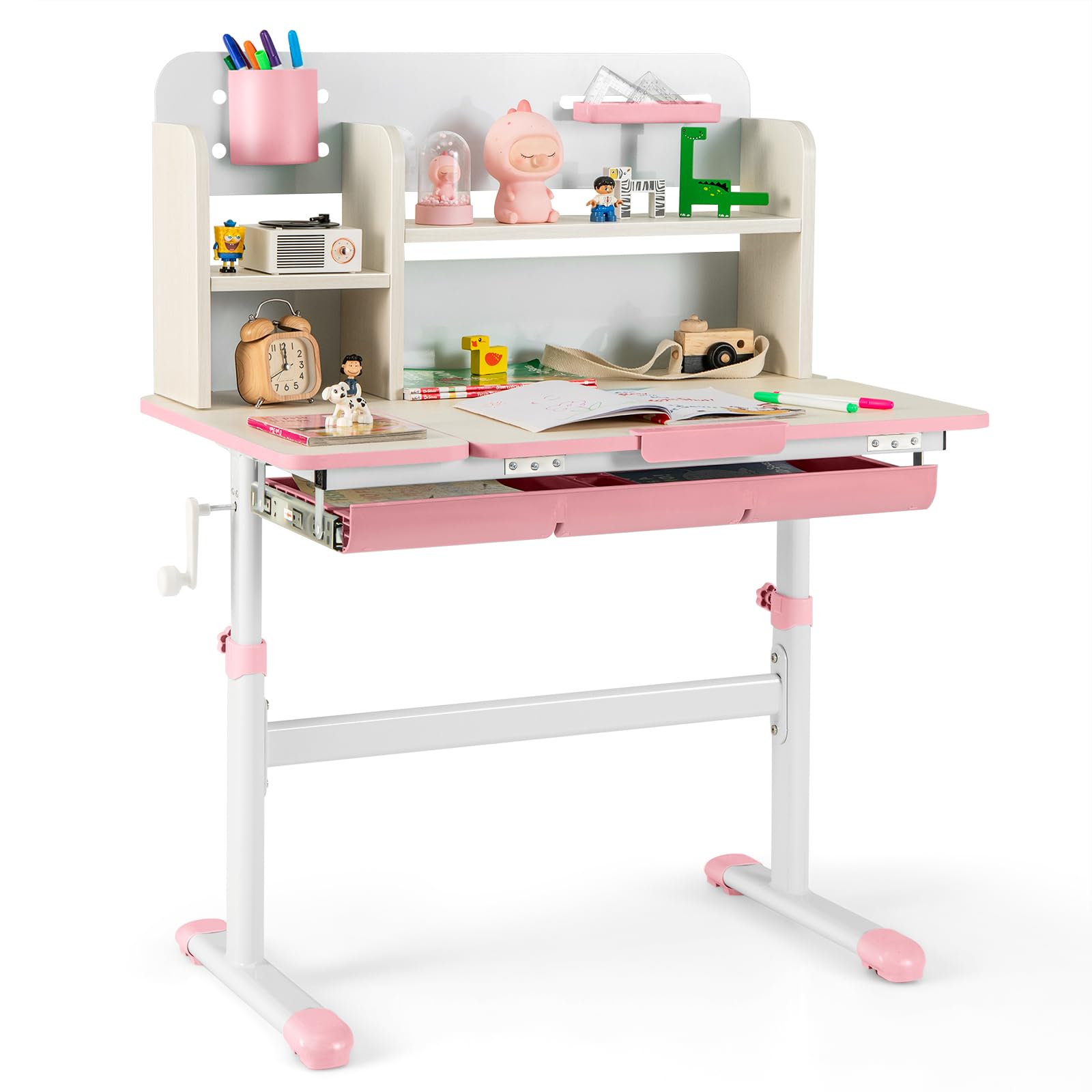 COSTWAY Kinderschreibtisch höhenverstellbar mit neigbarer Tischplatte, Regalen & Schublade, für 3-12 Jahre (Rosa)