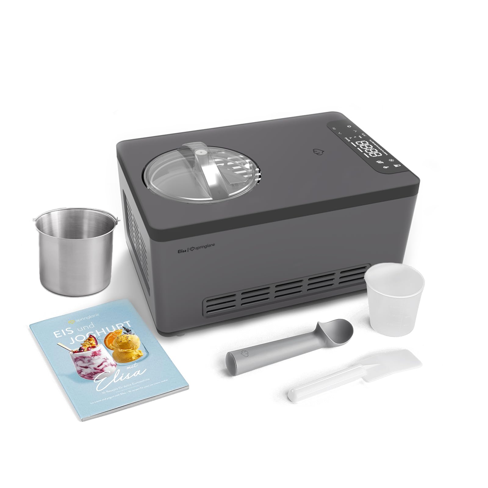 SPRINGLANE Eismaschine & Joghurtbereiter Elisa 2,0 L mit selbstkühlendem Kompressor 220 W, aus Edelstahl mit Kühl- und Heizfunktion (Elisa Anthrazit, Eismaschine + Zusatzbehälter Edelstahl)