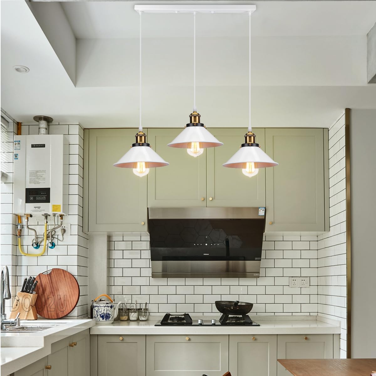 Suspension Lustre Industrielle 3 Lampes Luminaire Plafonnier Vintage Lustre Abat-Jour Ø22 cm en Métal de douille E27 Lampe Rétro pour Séjour Chambre Cuisine (Blanc,3 lampes-barre)