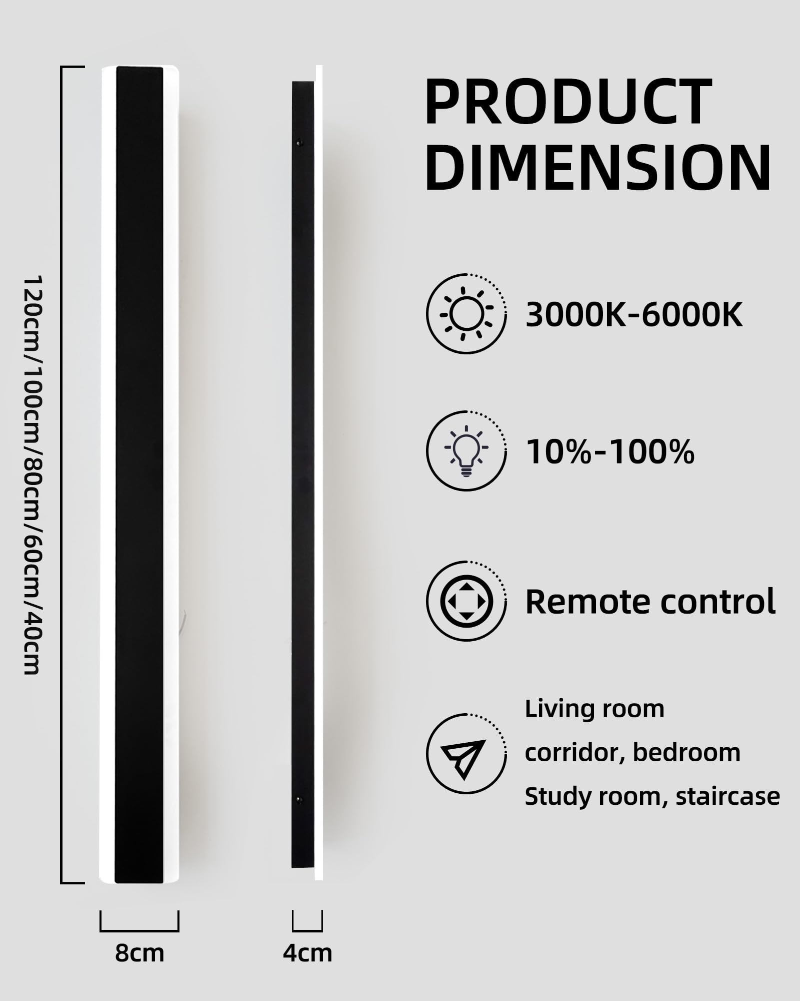 Applique da parete a LED Interno Moderni con Telecomando,120CM Luci | Dimmerabile 10%-100%,3000K-4500K-6000K,Lampada da Parete Lungo Mordern per Camera da Letto, Soggiorno,Scala,120CM/35W/Nero
