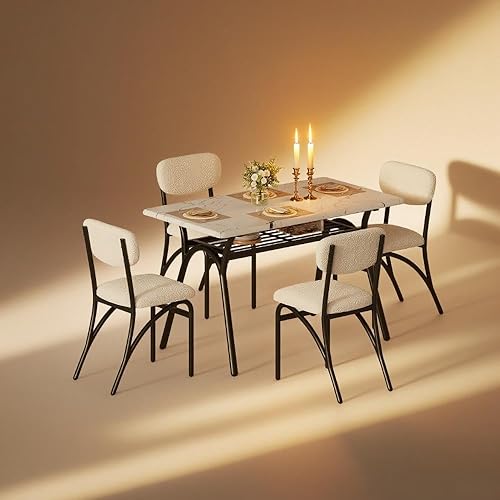 GarveeHome 5-Piece Dining Table Set for 4, Modern Kitchen Table with 4 Boucle Chairs, Rectangular Dining Table with Storage Shelf & Marble Tabletop, Beige Home Dining Furniture for Small Space
