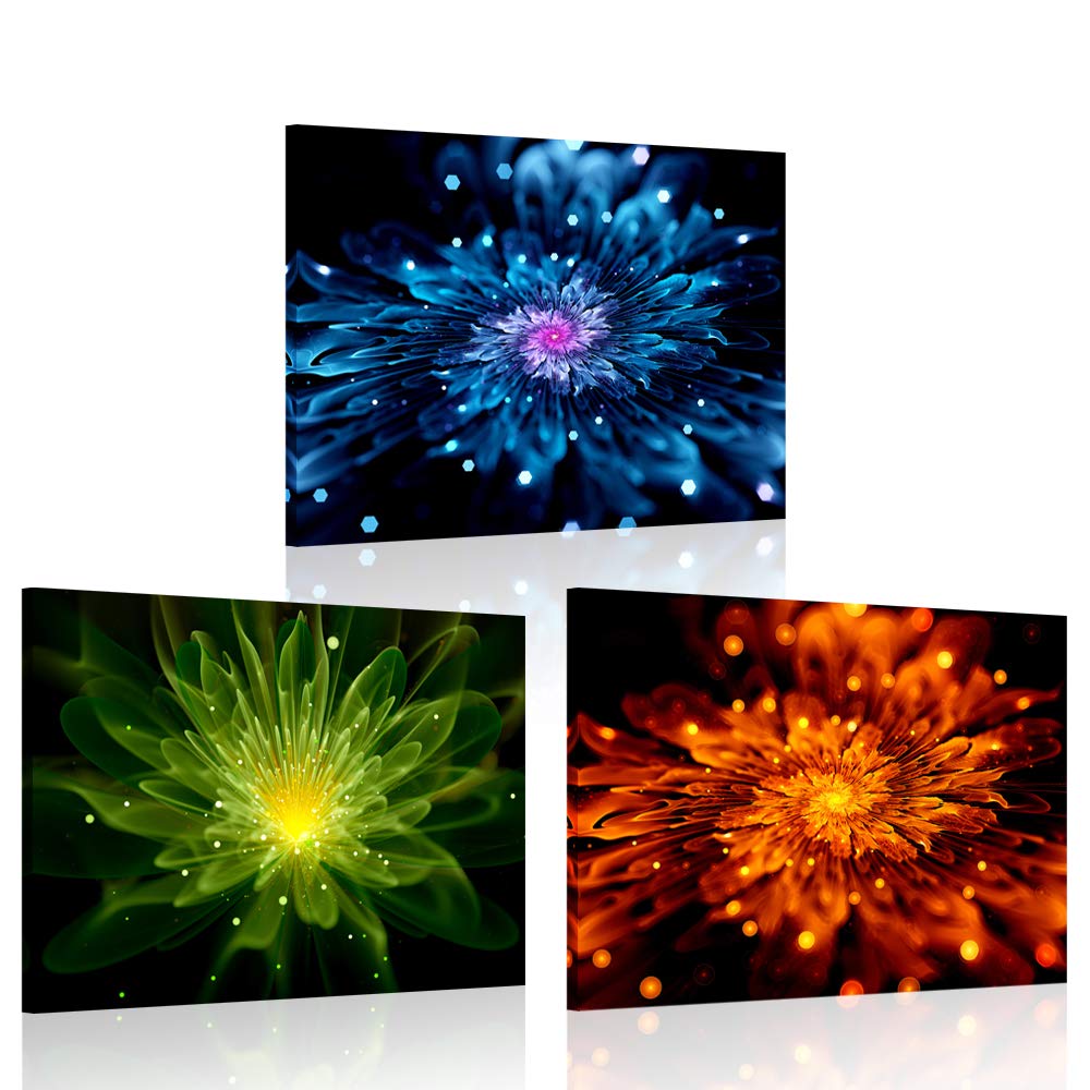 iKNOW FOTO 3 Pieces Colorful Fiery Fractal Flower Canvas Wall Art Painting Modern Giclee Print Still Life Artwork Blue Green and Orange Abstract Pictures for Bathroom Decor 12x16inchx3pcs