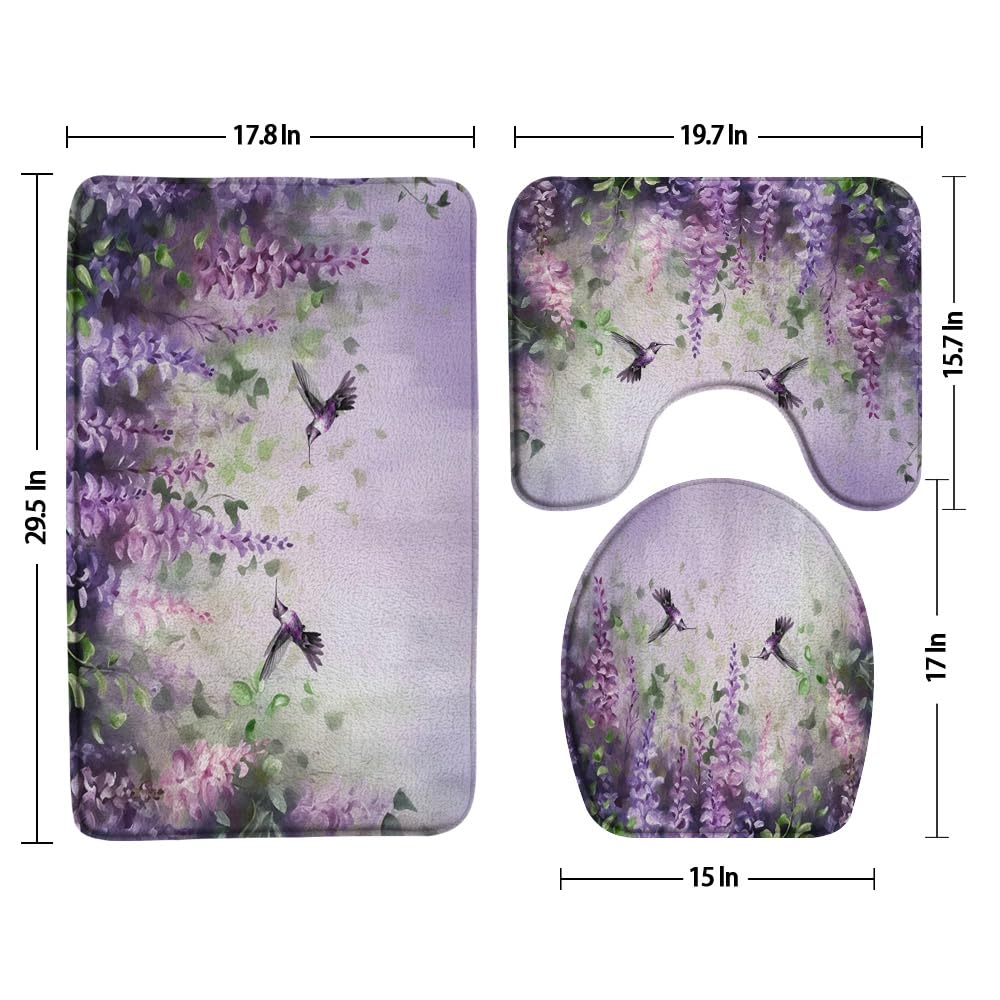 3pcs Watercolor Flower Hummingbird Bathroom Sets with Non-Slip Rug,Toilet Lid Cover and Bath Mat,Spring Wisteria Floral Purple Lilac Weeping Flower Vine Bird Bathroom Carpet Bath Mat Toilet Rugs