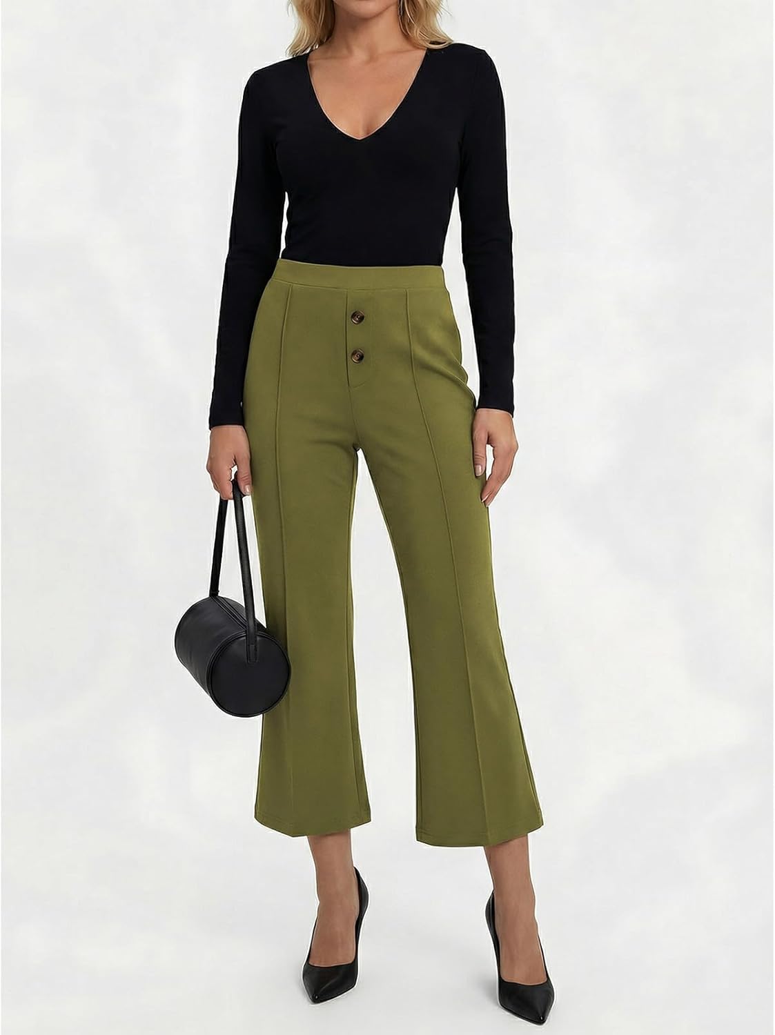 EXLURA Womens Stretchy Dress Work Capri Pants Elastic Waist Cotton Flare Yoga Leggings Business Casual Trousers Pockets - Image 2