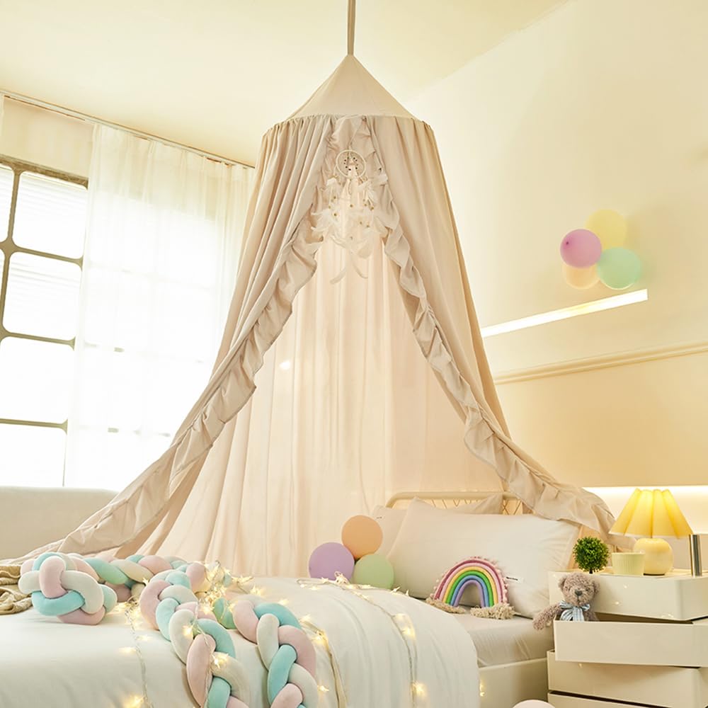 ZIQINPSQ Bed Canopy for Girls with Ruffled,Princess Round Dome Children Dreamy Mosquito Net Girls Room Decor Castle Play Tent,Children Reading Nook Canopies (Ivory)