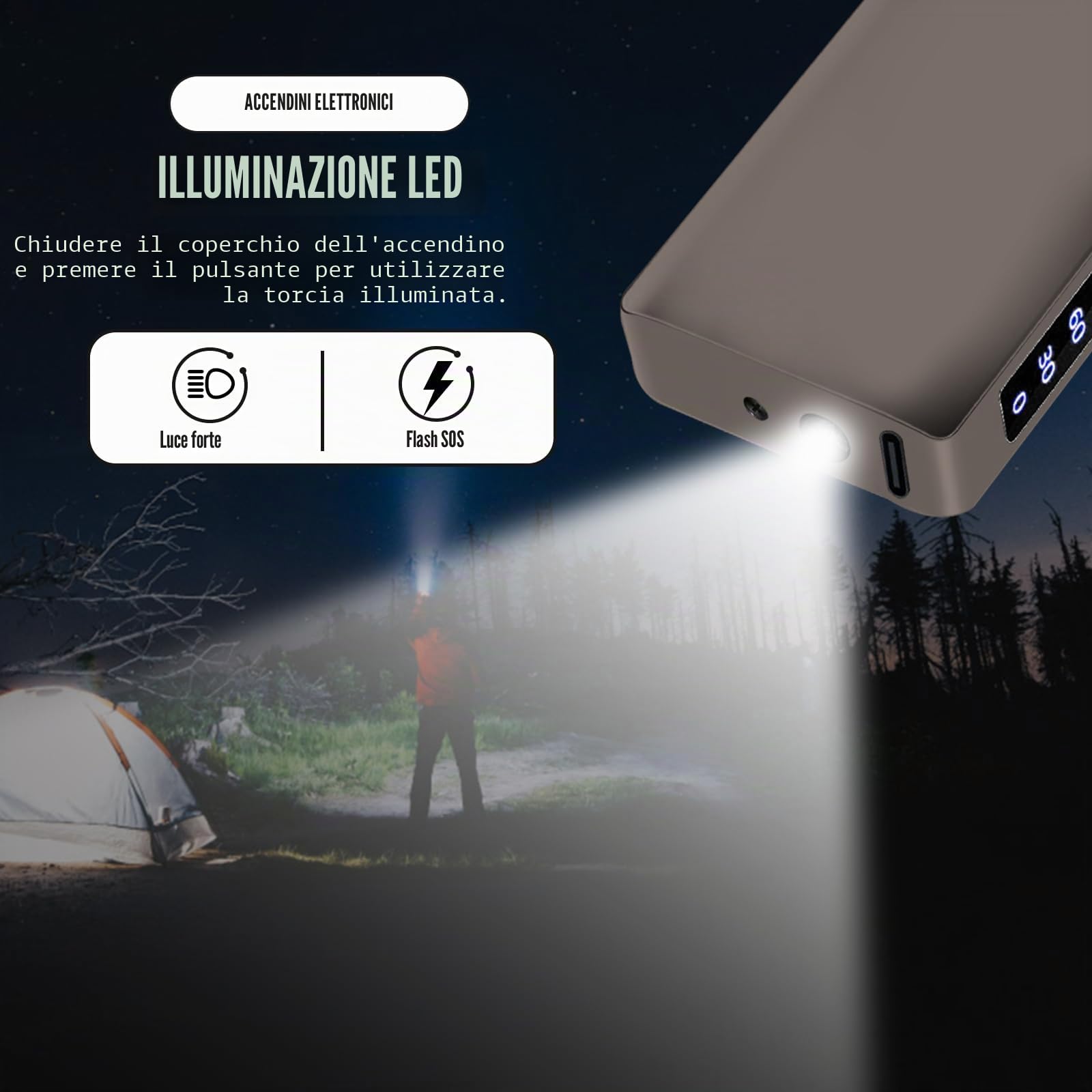 SKRFIRE Accendino elettrico antivento ricaricabile – Plasma Arc Design, ricarica USB, indicatore digitale della batteria, indispensabile per sopravvivenza, escursionismo e barbecue (nero lucido)