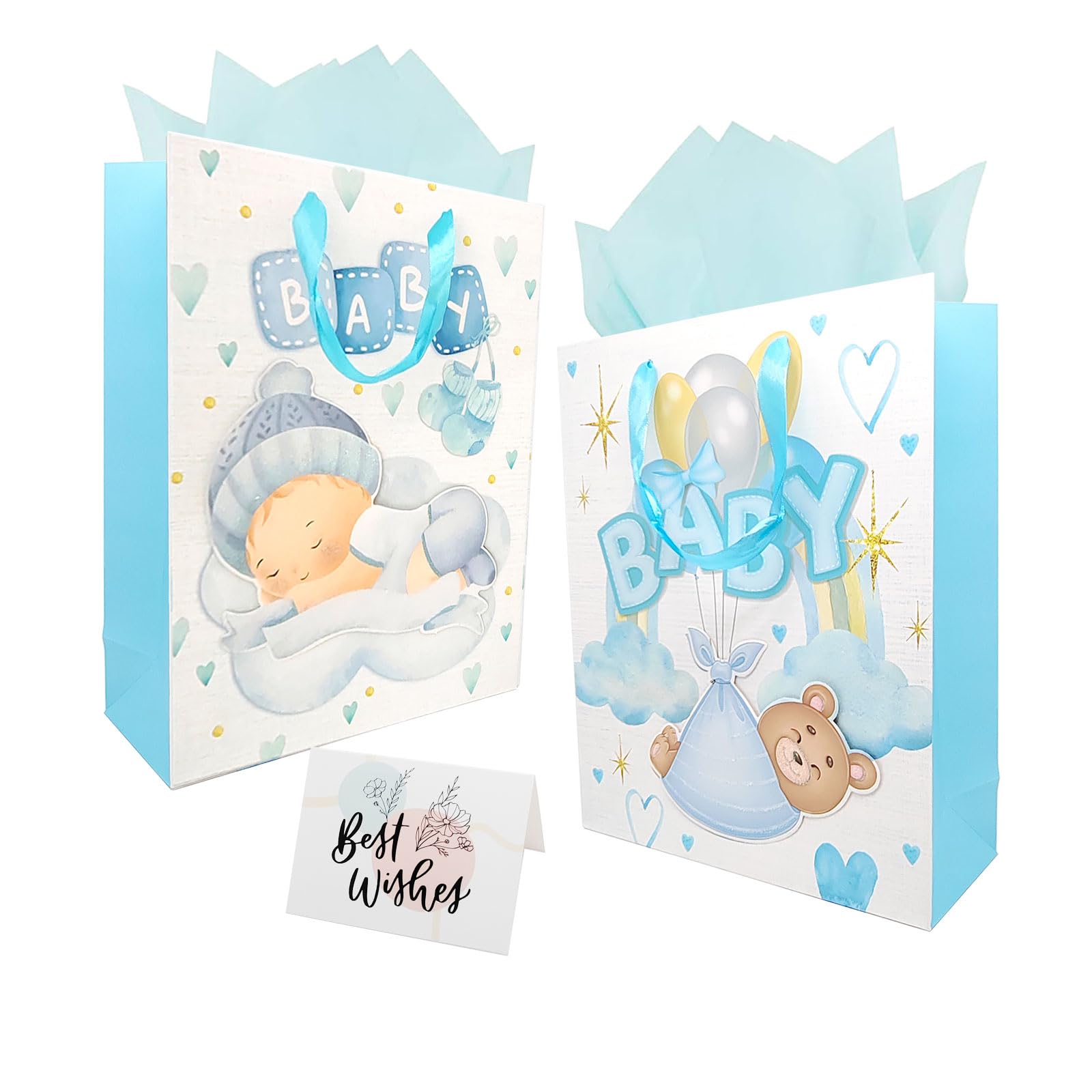 CC wonderland zone Large Gift Bag with Tissue Paper And Card,Light blue Gift Bags for Boys,(12.5x10x3.9inches,Light blue,2PCS)