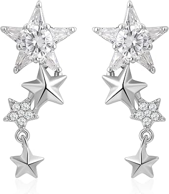Silver Star Stud Earrings for Women Four Star with Cubic Zirconia Y2K Earrings for Celestial Jewelry