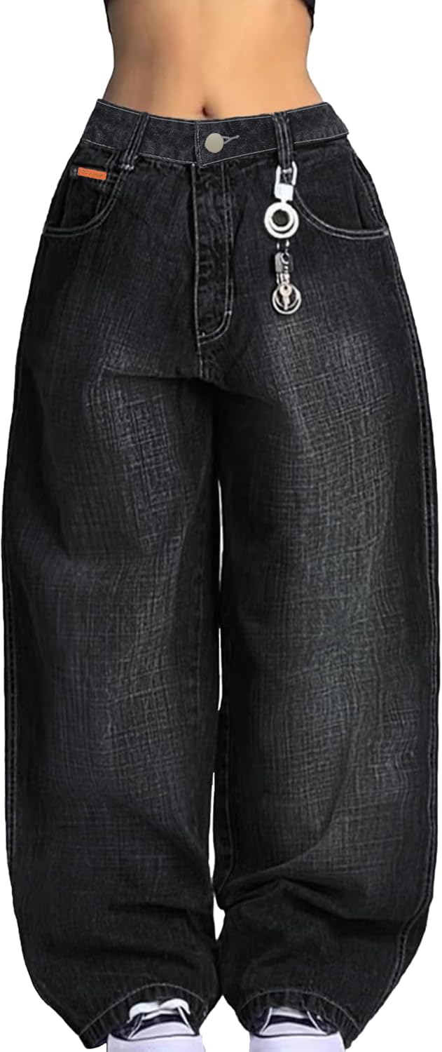 EMMIOL Women Boyfriends Hip Hop 90s Vintage Baggy Jeans Loose Denim Pants Mid-Low Waist Jeans