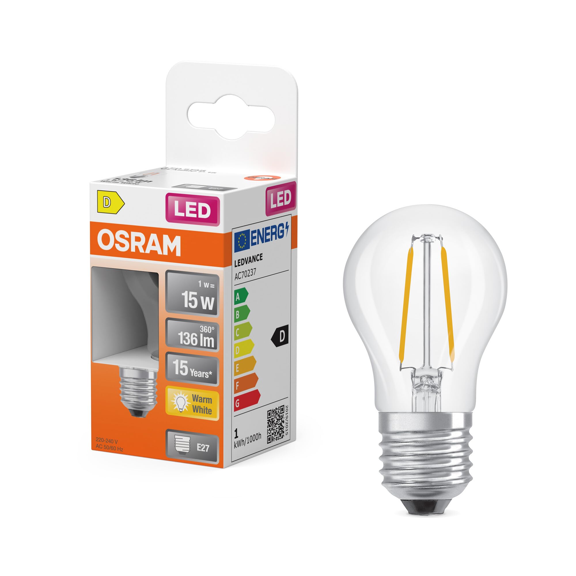 Osram LED Retrofit CLASSIC P in P-Form, LED-Lampe, Glas, klar, 1 W, 136 lm, 2700 K, CRI 80