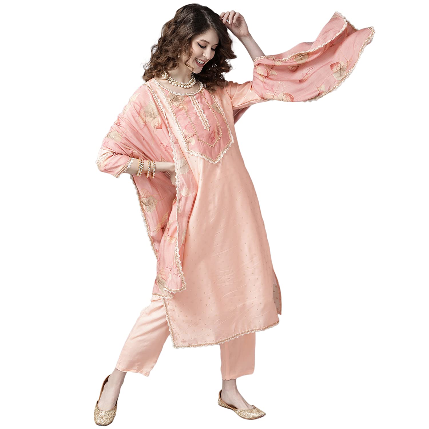 ishinWomen's Silk Blend Peach Yoke Design Embroidered A-Line Kurta set With Trouser and Dupatta