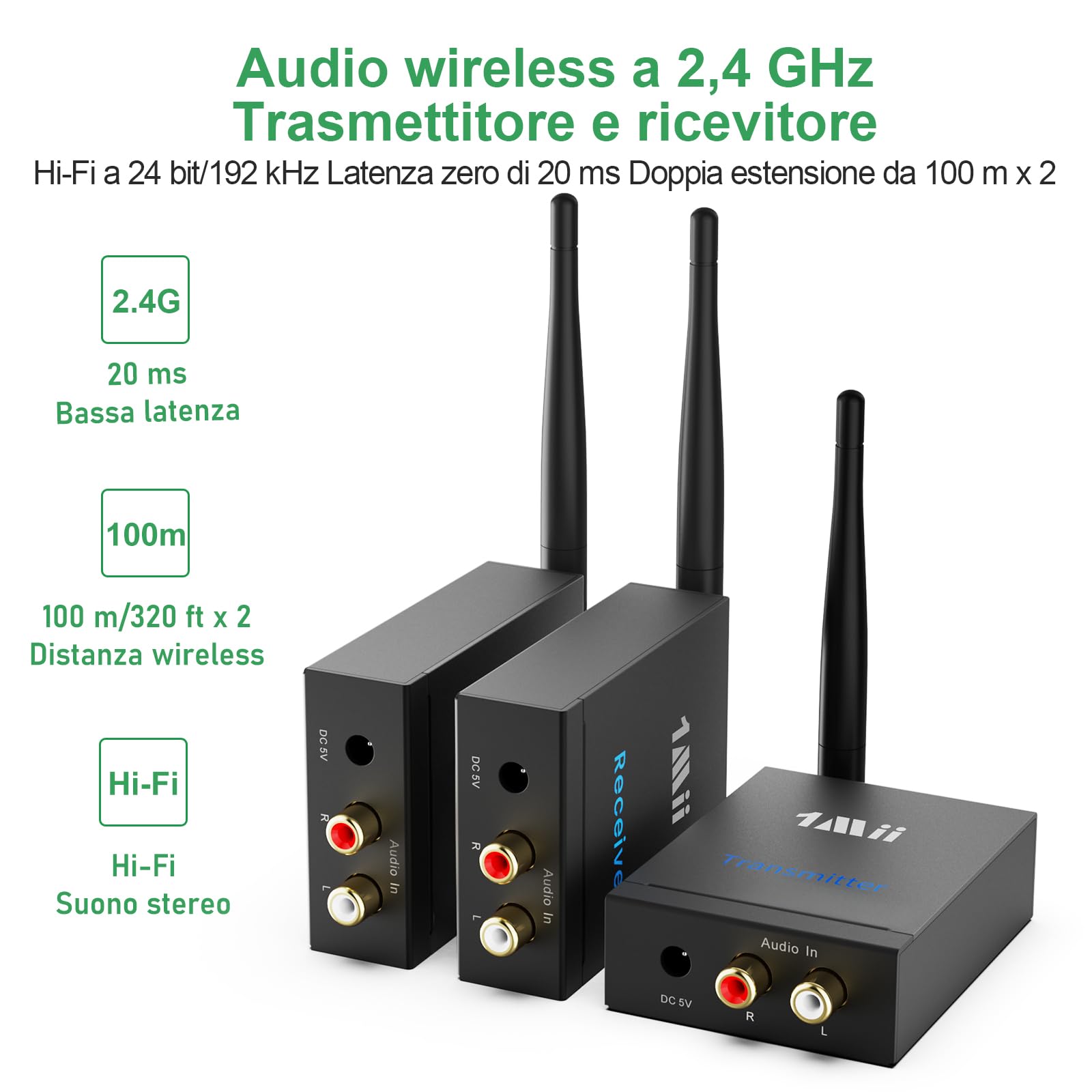 1Mii 3-In-1 Trasmettitore e Ricevitore Audio Wireless 2,4 GHz per 2 Altoparlanti, Uscita/Ingresso RCA, Ultra Bassa Latenza 20ms, Adattatore Wireless Lungo Raggio 100m da TV/PC/Altoparlanti Amplificati