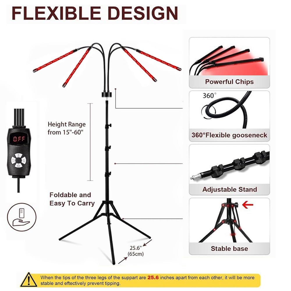 Lámpara de Luz Roja con Soporte, 4 Cabezas 660nm y 850nm Lámpara Infrarroja con 240 LEDs y Altura Regulable de 38-152cm para el Hogar y la Oficina