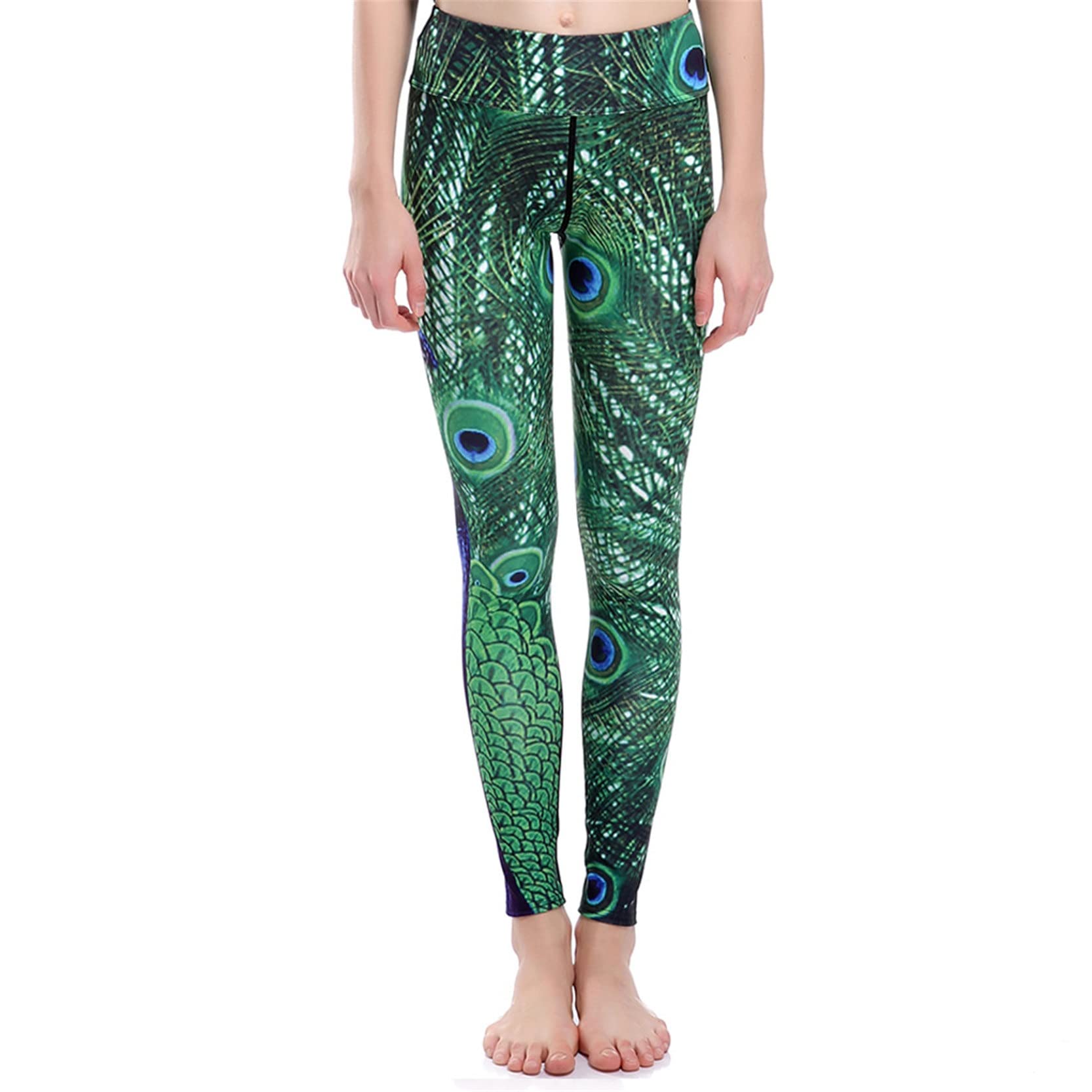 Leggins Mujer Push Up Pantalones Fitness Mallas, Pavo de pavo real Impresiones de plumas Leggings Longitud de tobillo Levantamiento de culo Pantalones de yoga Pantalones deportivos flacos Seco rápido