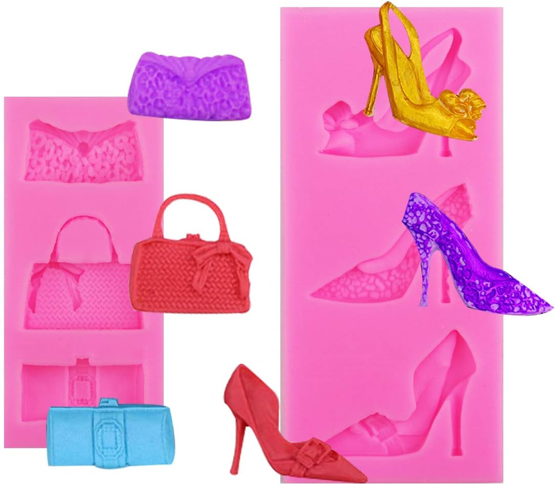 Chistepper 2 Pieces Handbag Clutch Bags Purses and High-heel Shoe Silicone mold for Clay,Cake,Chocolate,Cupcake,Resin,Fondant,Handcraft DIY Decoration
