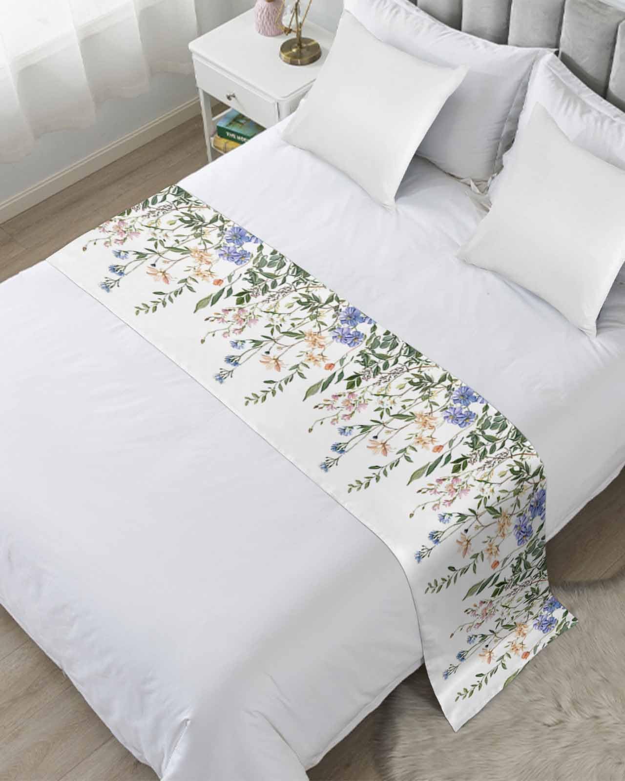 DecorLovee Spring Floral Leaves Bed Runners for Twin Size Bed, Decorative Bed Throws for Foot of Bed, Vintage Flowers Farmhouse Bed Runner Sofa Throw Bedding Scarf Protector Slipcover for Bedroom
