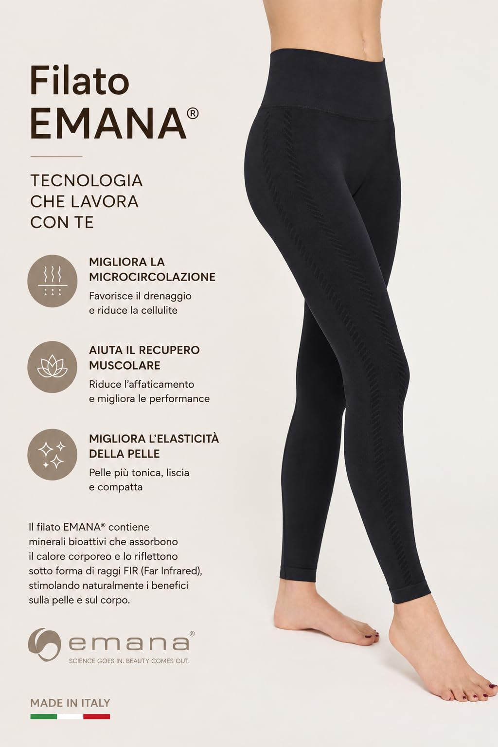 Topless Wear, Leggings Anticellulite Drenanti Donna a Vita Alta, Effetto Push Up Modellante e Contenitivo, Microcircolazione con Fibra Emana®, per Fitness, Seamless e Made in Italy, Linea Feel