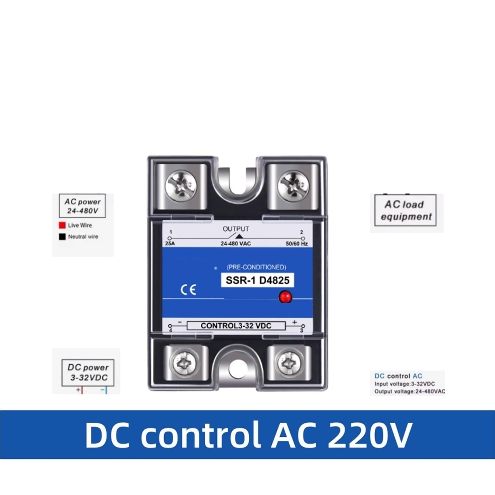 Mały solidny przekaźnik 24 V SSR-25A-100 DA DC AC 220 V - 40 A 60 A 80 A 100 A 1 szt. (25 A, DC sterowany AC)
