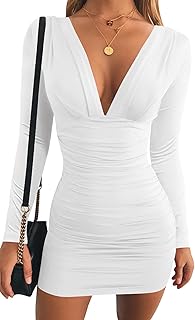 GOBLES Women's Sexy Long Sleeve V Neck Ruched Bodycon Mini Party Cocktail Dress Price In India