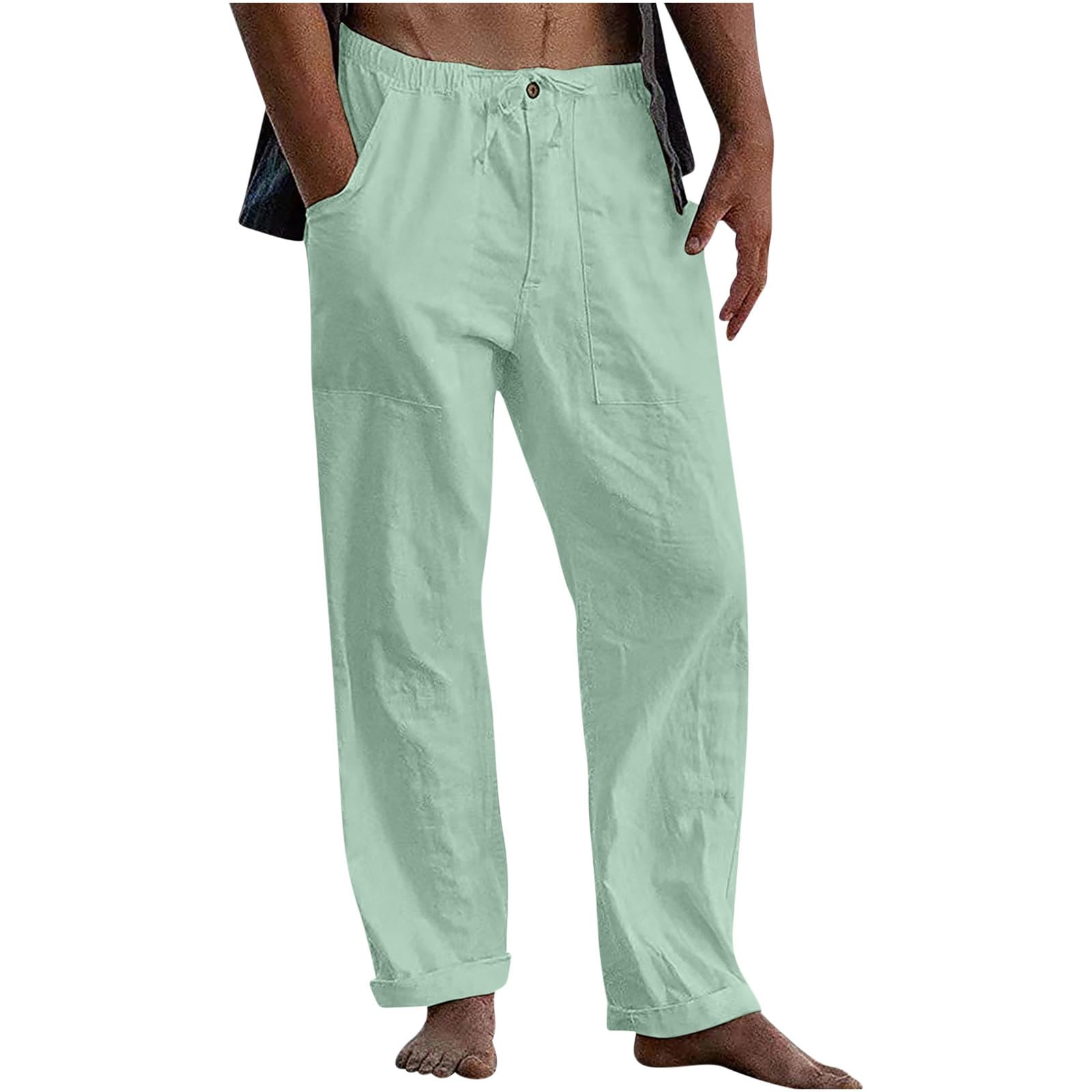 Pantalon Lin Homme Taille Elastique Tendance 2025 Pantalons Hommes Lin Et Coton Décontracté Pantalon Toile Été Pant Yoga Léger Taille Elastique Coupe Droite avec Cordon de Serrage Vêtement Pas Cher