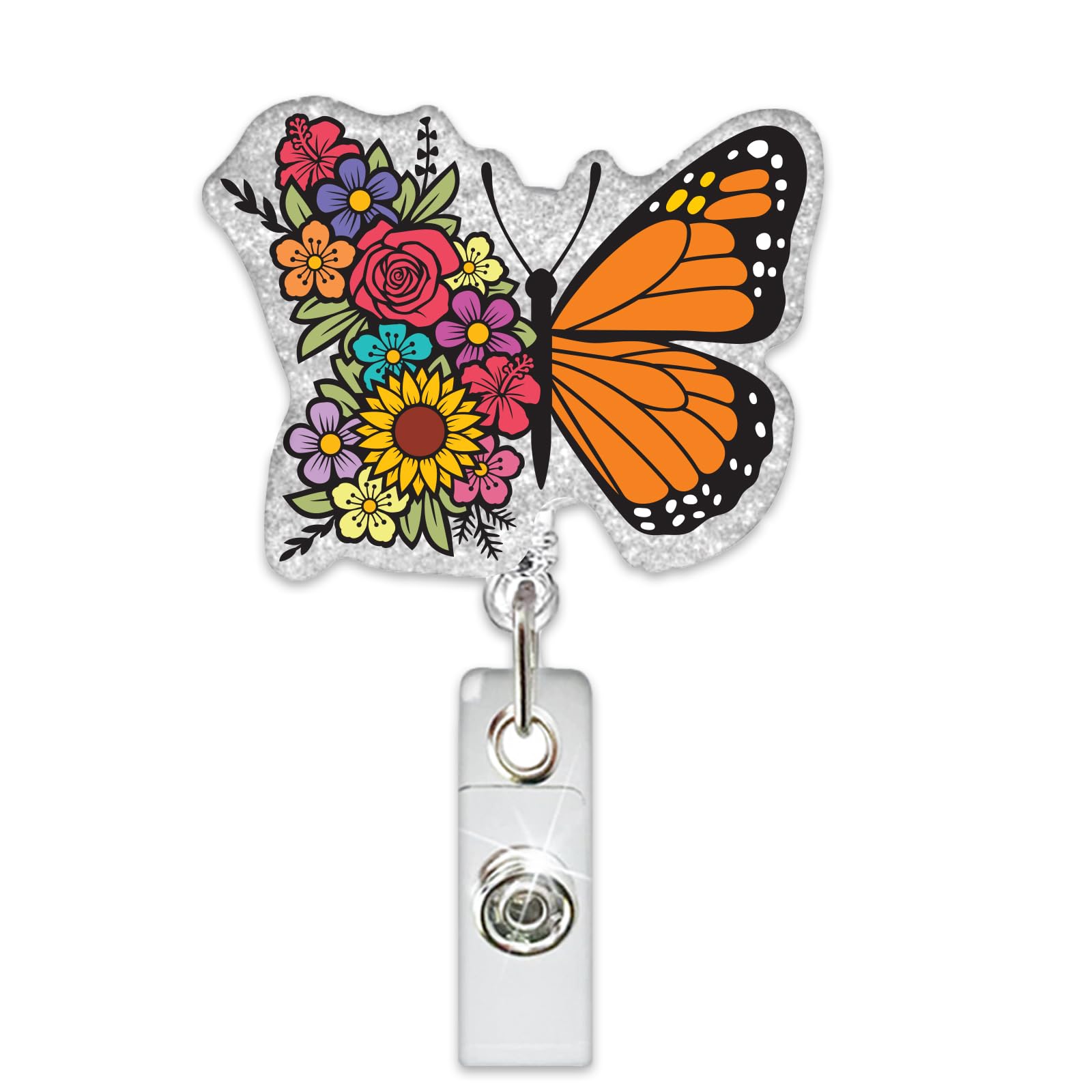 Summer Butterfly Flower Nurse Badge Reel Retractable Glitter Colorful Name Tag Acrylic Alligator Clip Summer Cute Badge Clip ID Badge Holder for Nurse