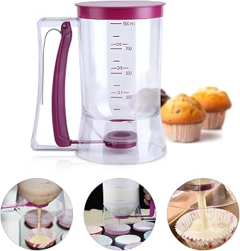 Batter Dispenser 900mL, 4 Cup Pancake Cupcake Batter Dispense, Pancake Dispenser For Batter With Measuring Label Squeeze Handle Bracket for Cupcakes Crepes, Cake or Any Baked Goods