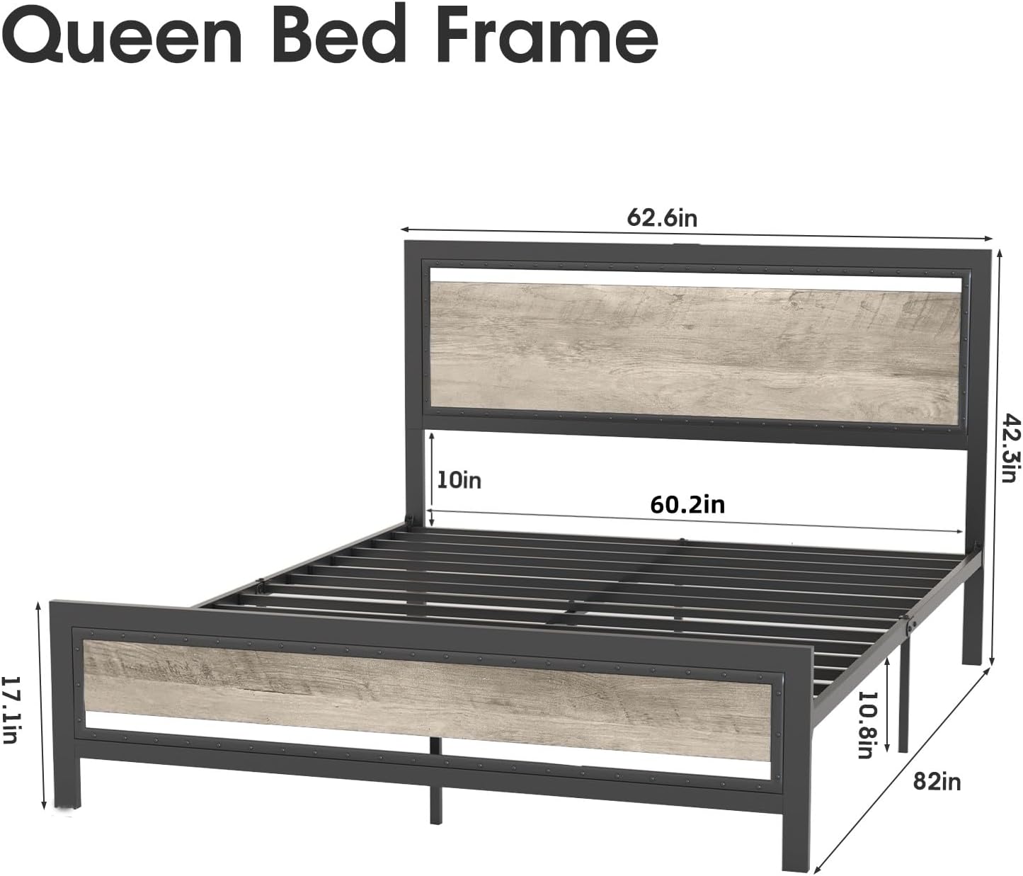 Led Bed Frame Queen Size with Charging Station, Platform Bed Frame with Rivet Headboard and Footboard, Queen Bed Frame with Under-Bed Storage, No Box Spring Needed, Noise-Free, Grey