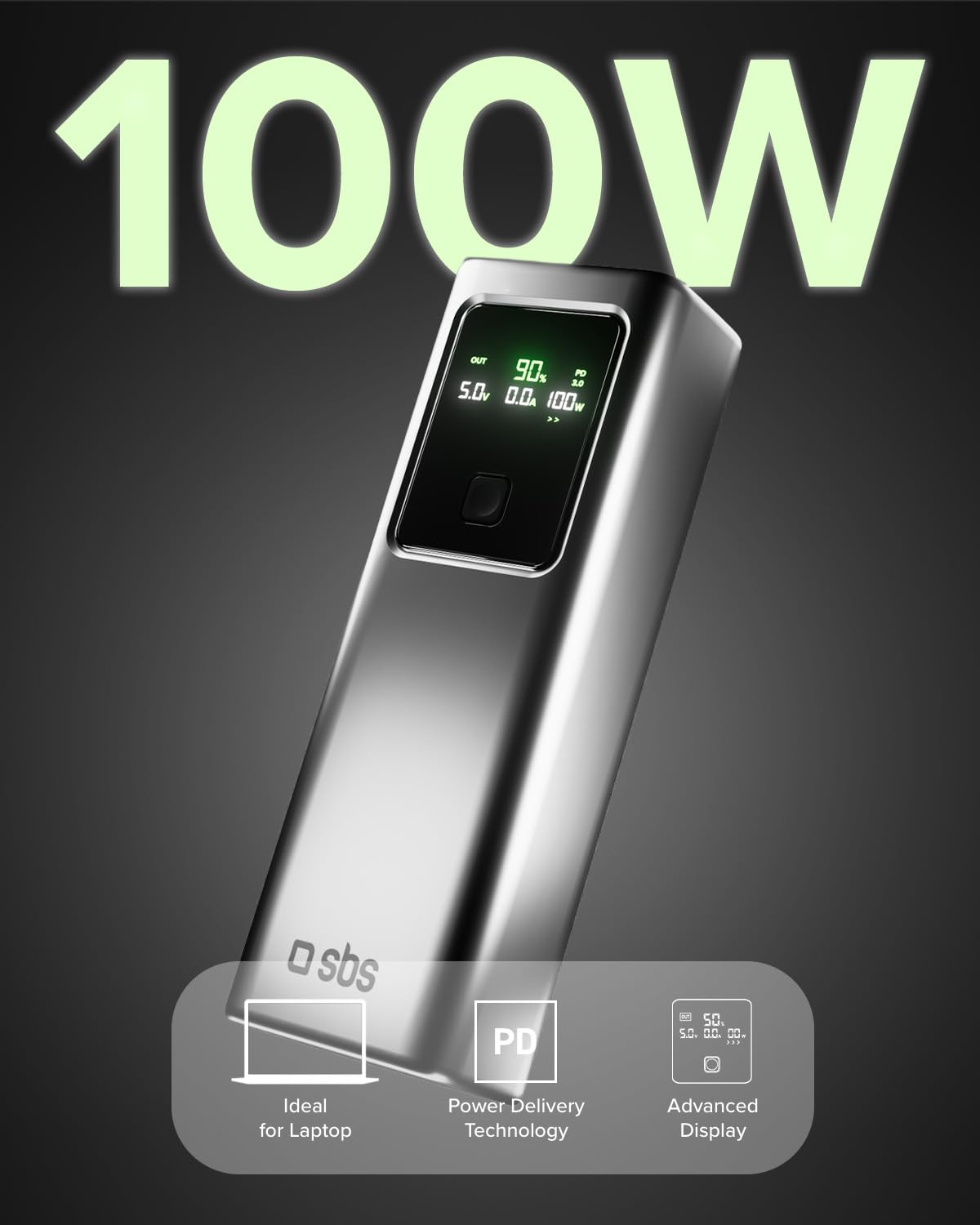 SBS LCD PowerBank 100W, 20000mAh, Power Delivery (PD 3.0 PPS), AFC, Power Bank z szybkim ładowaniem, zaawansowany wyświetlacz LCD, USB-C, USB-A, przenośna ładowarka podróżna, Kompaktowy Design, Szary