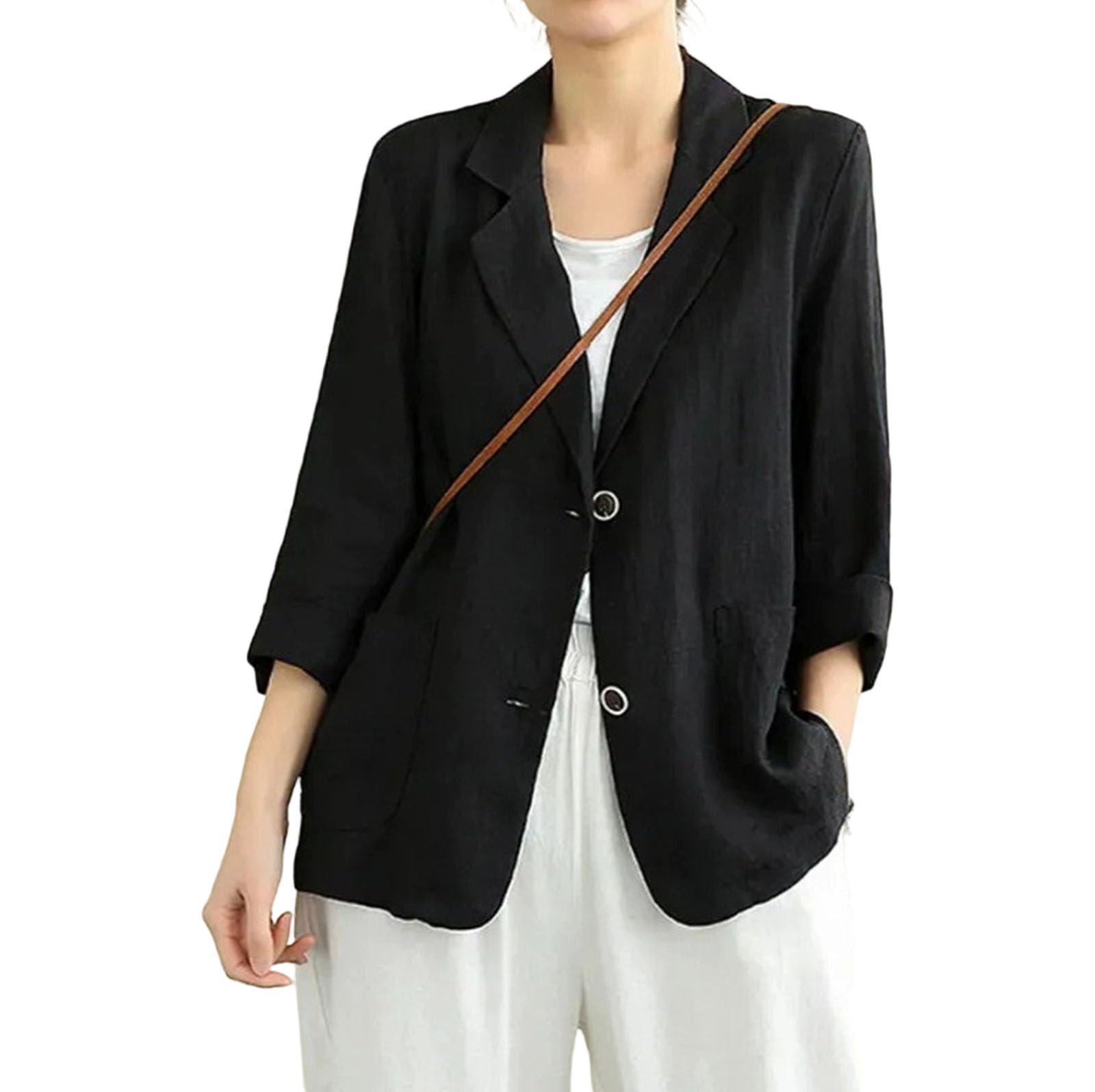 Cotton Linen Blazer for Womens Long Sleeve Casual Blazers Lightweight Button Spring Summer Work Jacket with Pockets