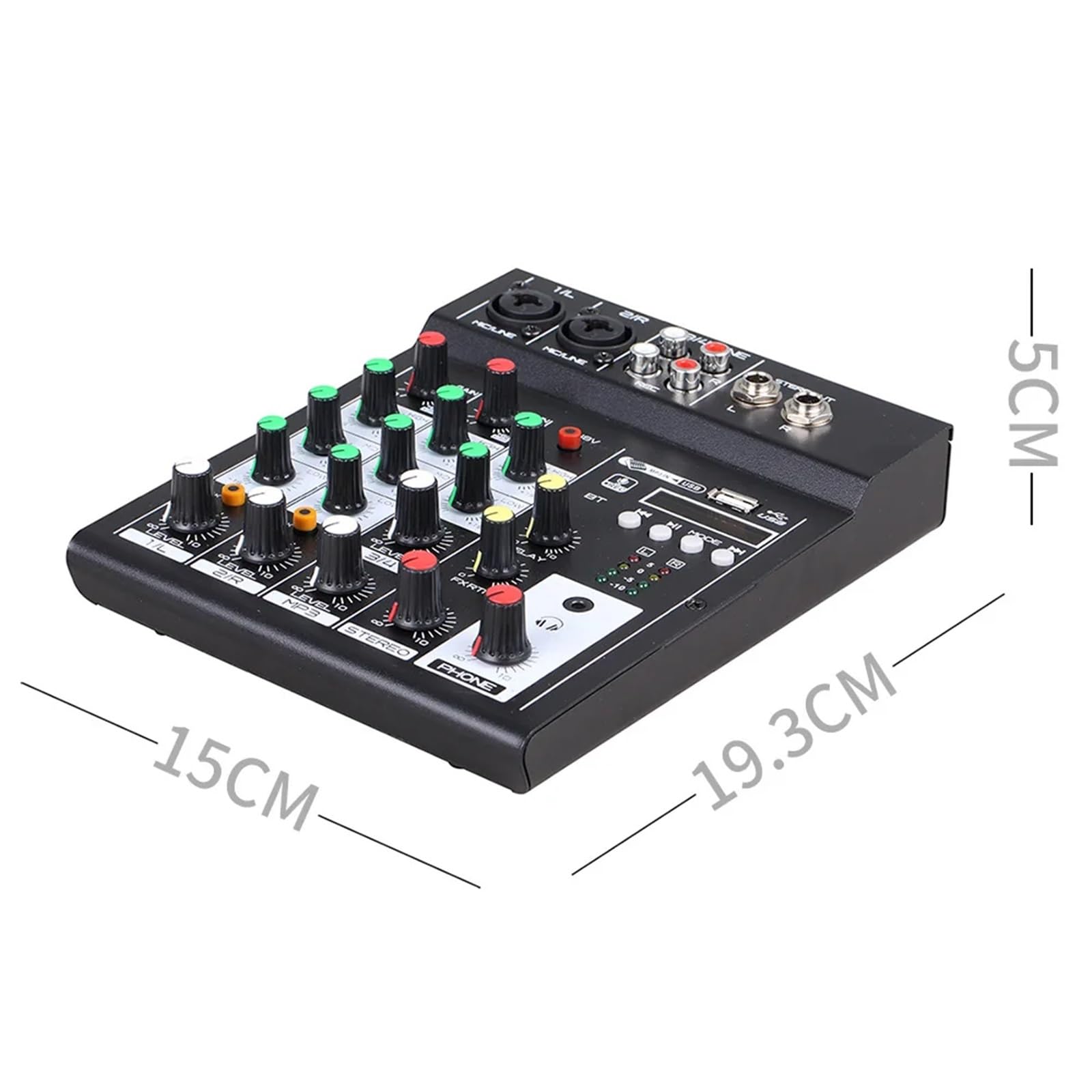 Consolle DJ, Mixer audio-dio a 4 canali Console audio Riproduzione MP3 Console BT Mixer audio-dio digitale Effetto riverbero EQ a 3 bande Alimentatore DC 5V
