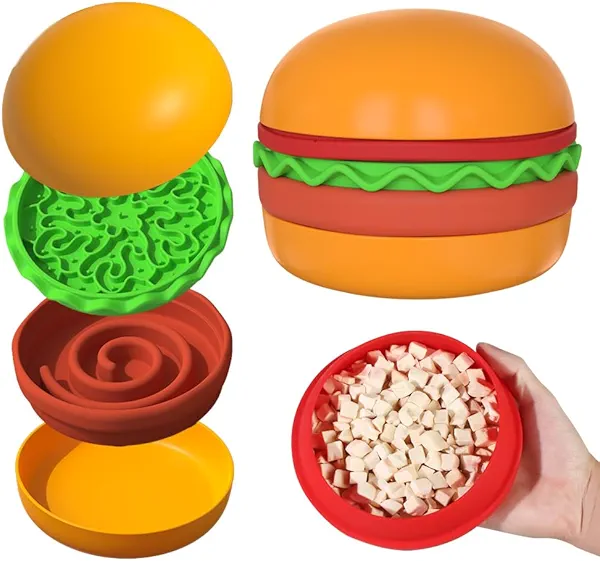 Jondarla Multiple Use Pet Feeding Set, Cute Hamburger-Shaped, 5 Stackable Bowls for Small Dogs and Cats, Anti-Choking Slow Food Feeder, Raised Bowls, Travel Cat Bowls