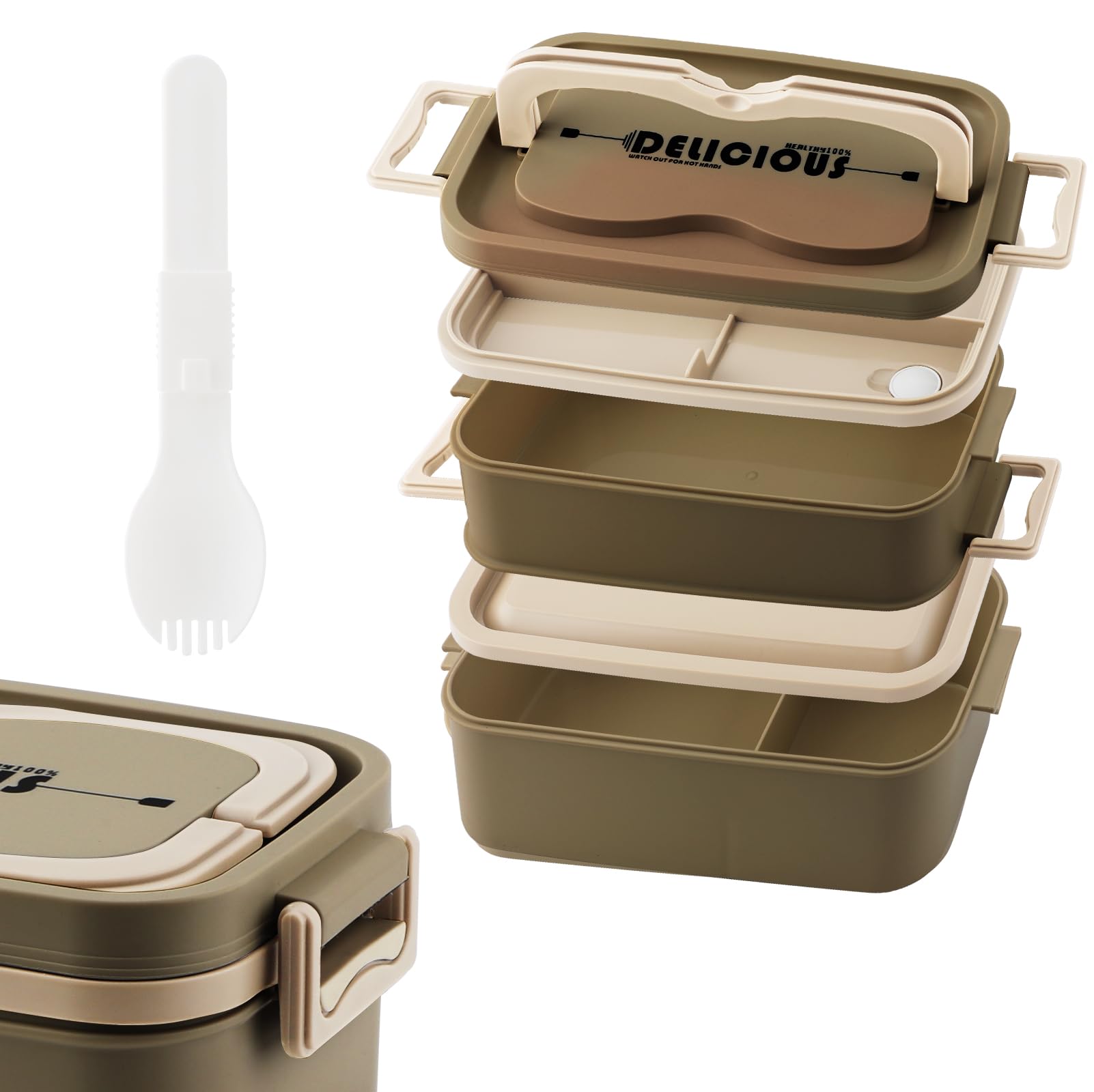 OITUGG 2 Layer Lunch Box, 1800ml Bento Lunch Box for Adults, 3 Compartments Design, with Spoons, BPA-Free, Microwave Safe, 63.35 oz Capacity, Size 19x11x14.5cm, without Stainless Steel Inner