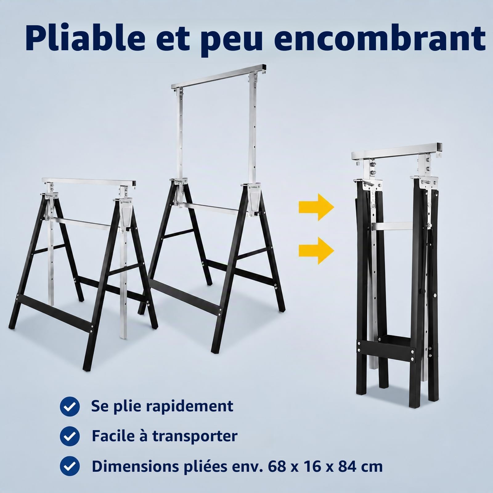 Fiqops Lot de 2 Tréteaux de Travail Pliables, Hauteur Réglable 80–130 cm sur 7 Positions, Charge Max. 400 kg par Paire, Tréteaux en Acier avec Verrouillage de Sécurité, Noir