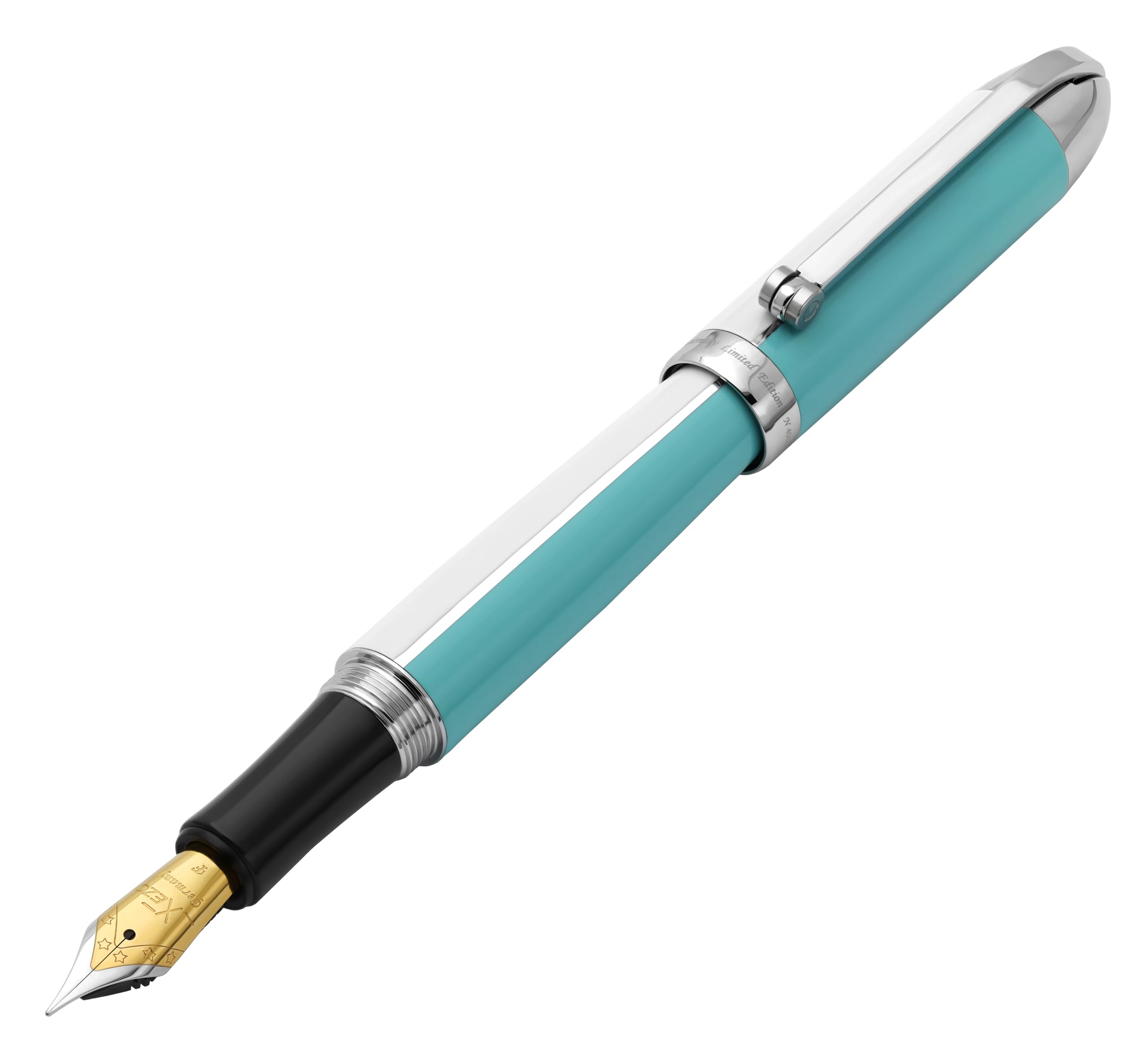 Visionary Brass and Aluminum Fountain Pen, Fine Nib. Hand Lacquered in Sky Blue and White. Numbered in Limited Edition of 500. Classic Art Deco Color Disposition, Retrofuturistic Body Style