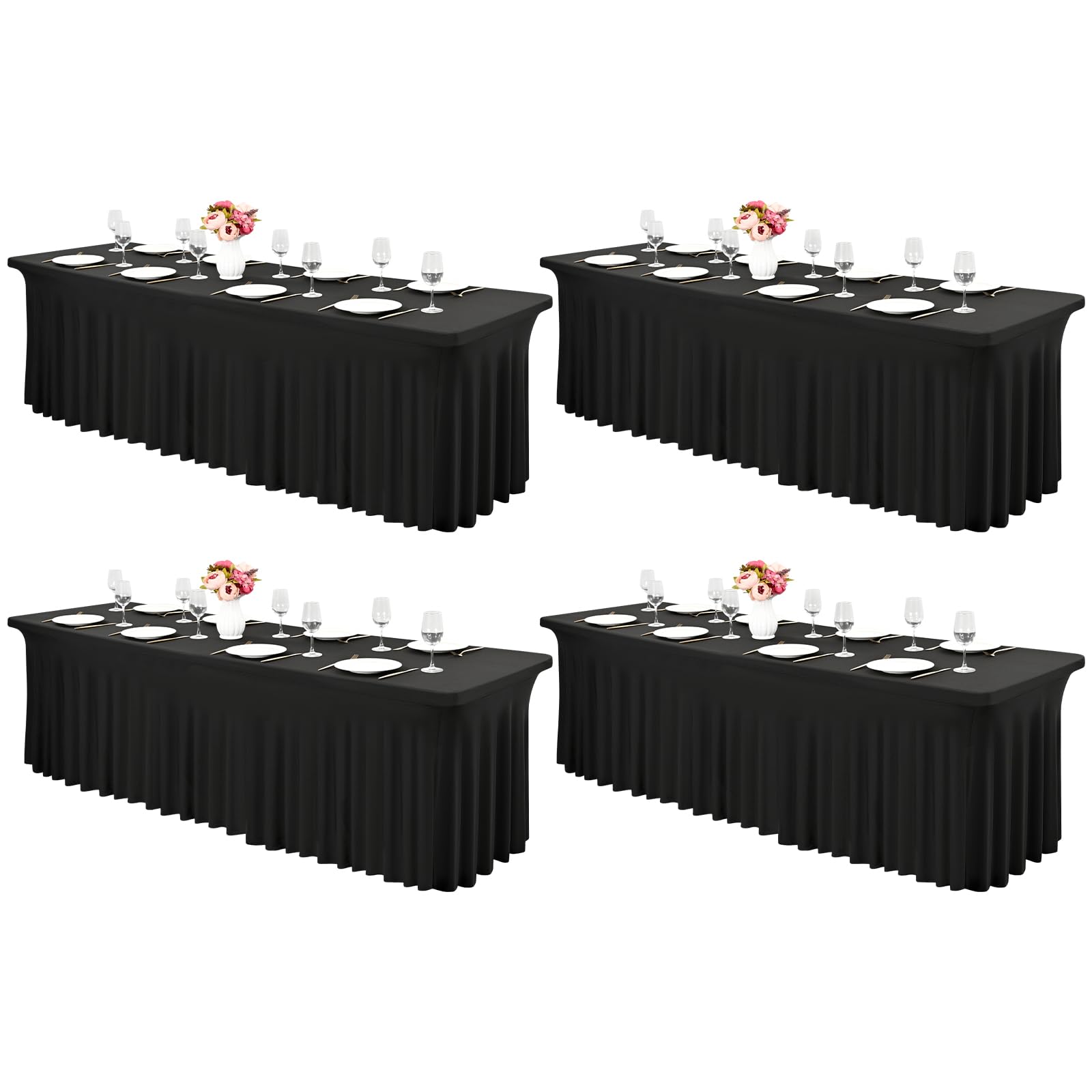 4 Pack 8Ft Spandex Table Skirts Black Stretch Tablecloth with Skirt for 8 Foot Rectangle Table, One-Piece Wrinkle Resistant Fitted Stretchable Table